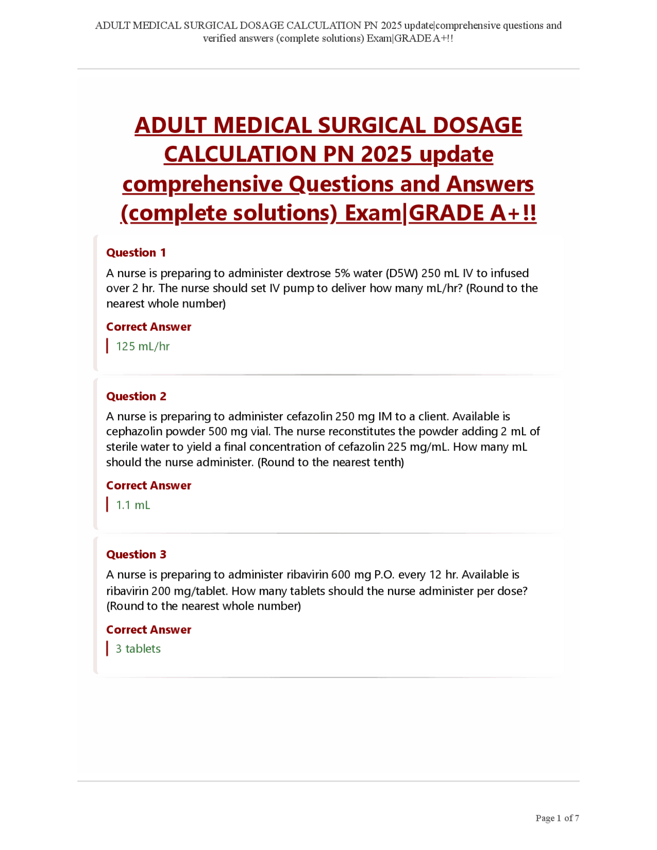 Dosage Calculation Practice Questions and Answers for Nurses | Exams ...