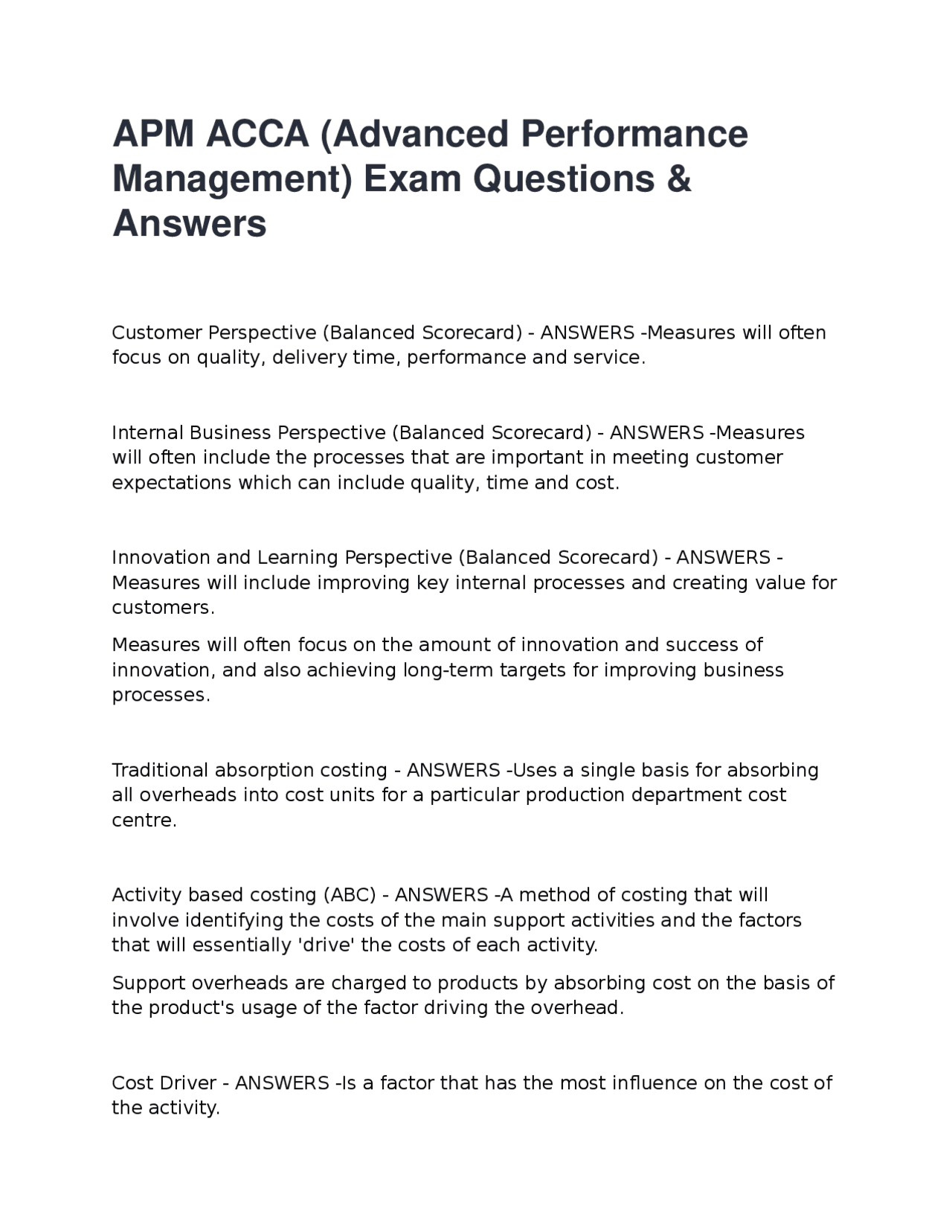 APM ACCA Advanced Performance Management: Exam Questions and Answers ...