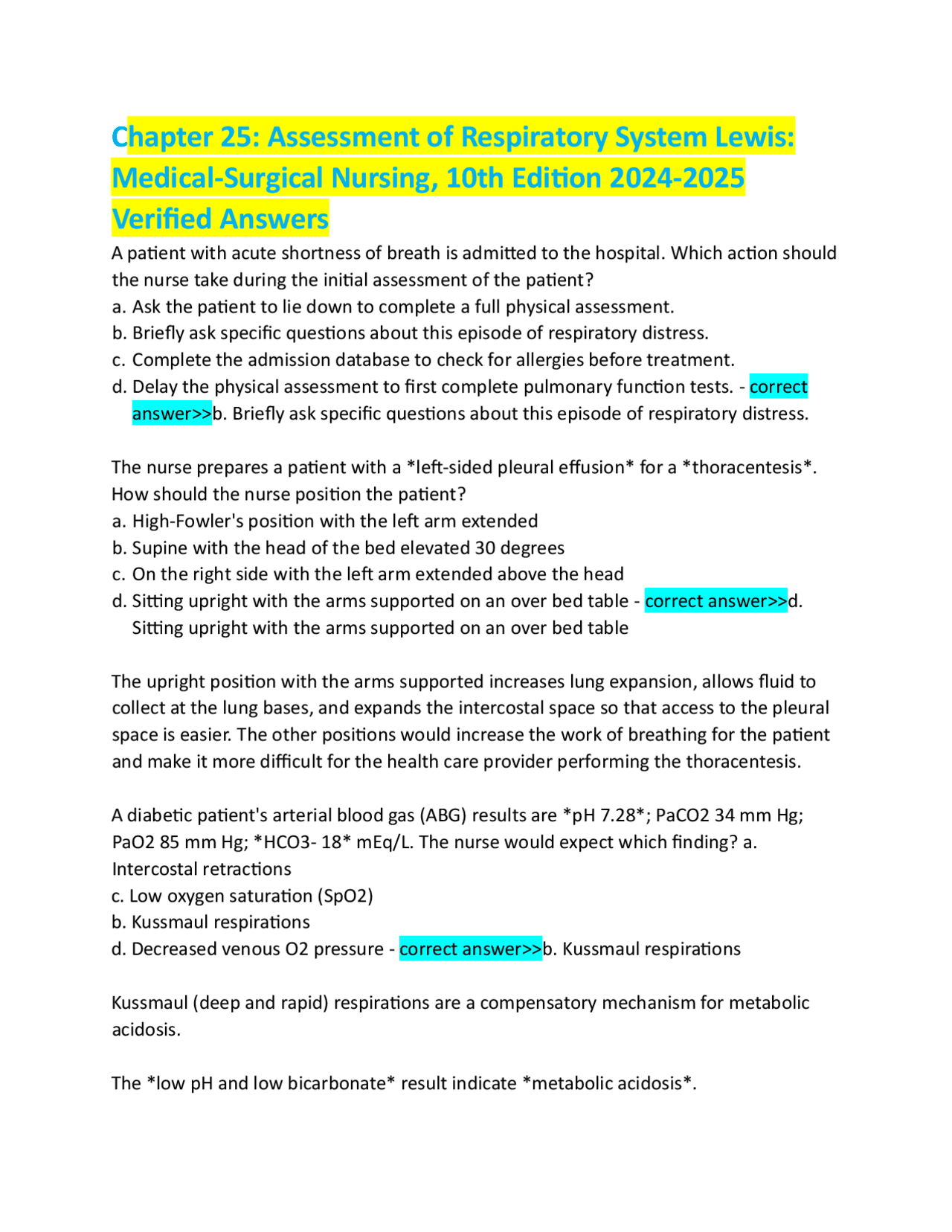 Respiratory System Assessment: Practice Questions and Answers | Exams ...