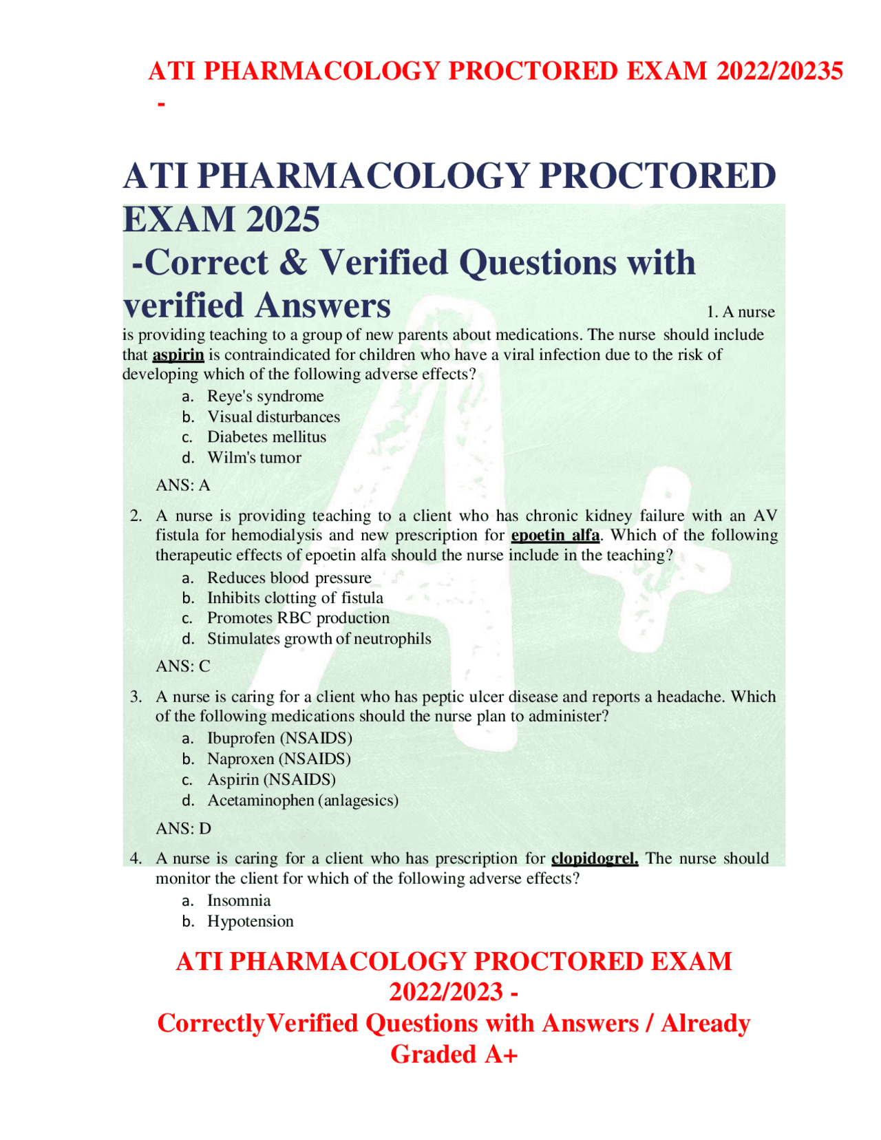ATI PHARMACOLOGY PROCTORED EXAM 2025 -Correct & Verified Questions with ...