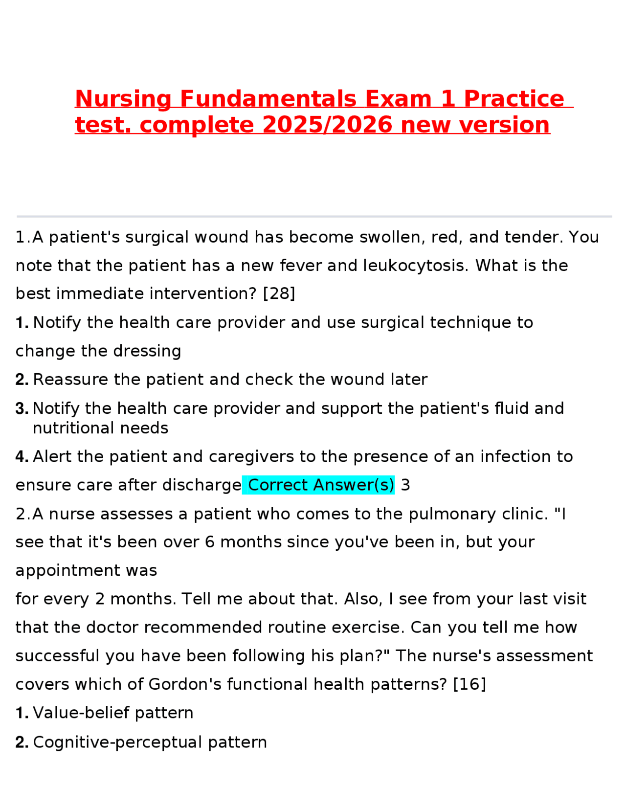 Nursing Fundamentals Exam 1 Practice Test – Complete 2025/2026 New ...