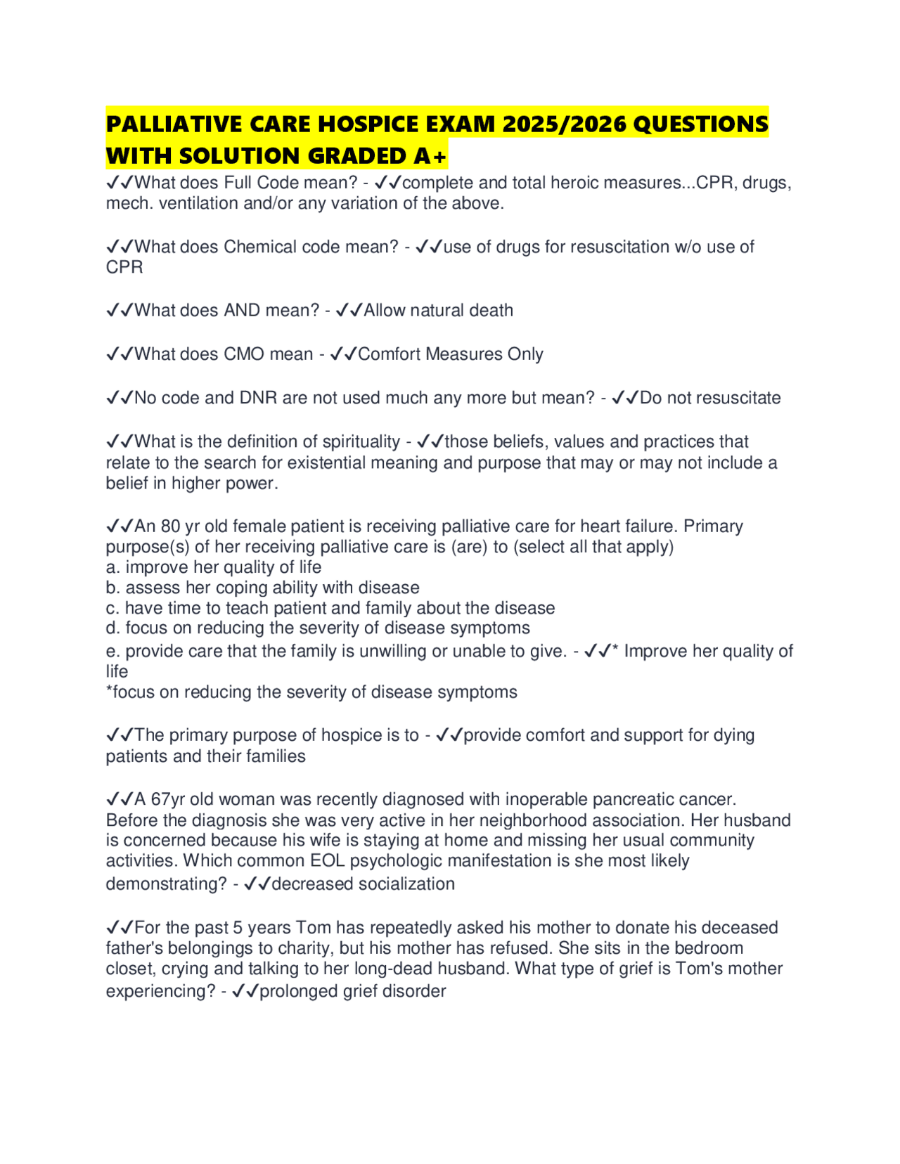 PALLIATIVE CARE HOSPICE EXAM 2025/2026 QUESTIONS WITH SOLUTION GRADED ...