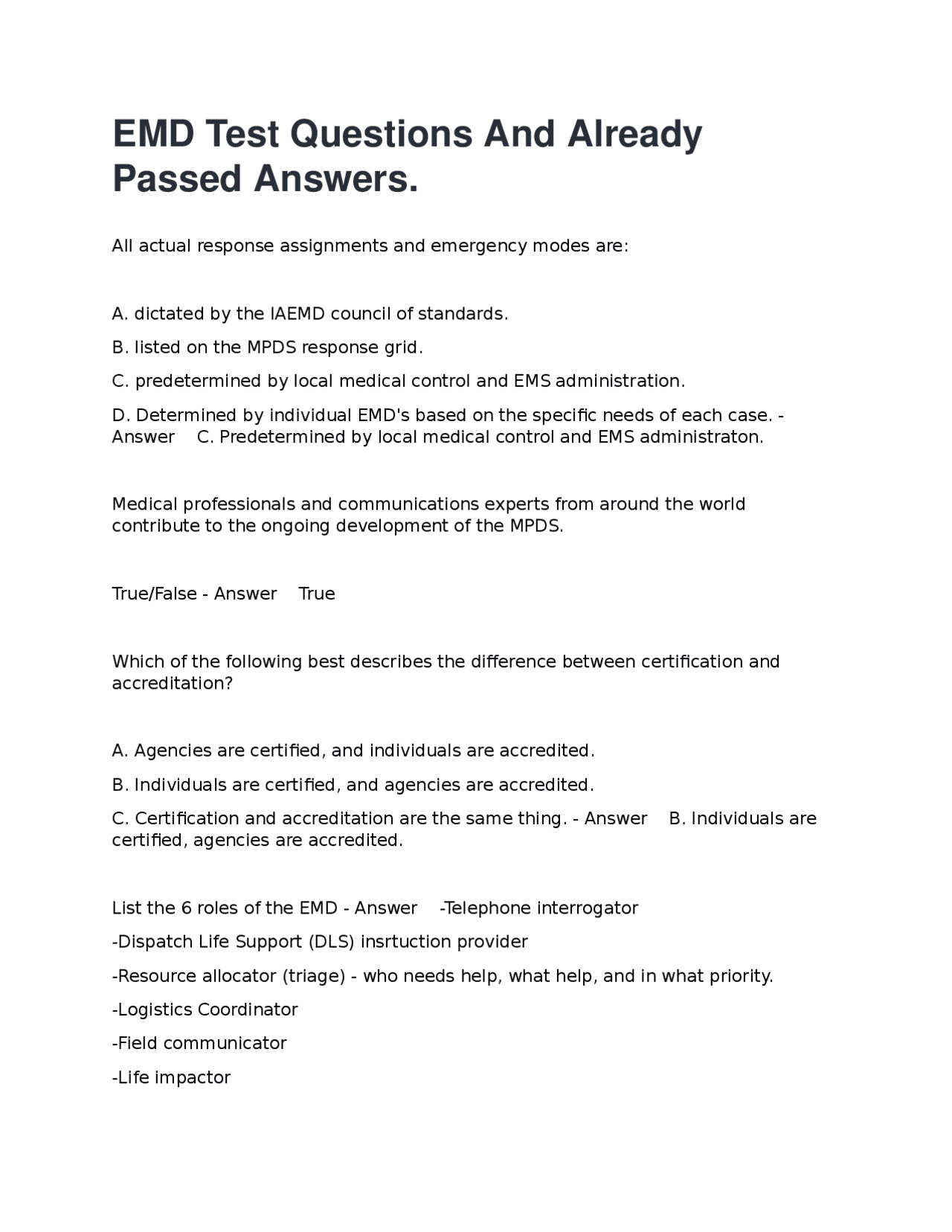 Emergency Medical Dispatch (EMD) Test Questions and Answers | Exams ...