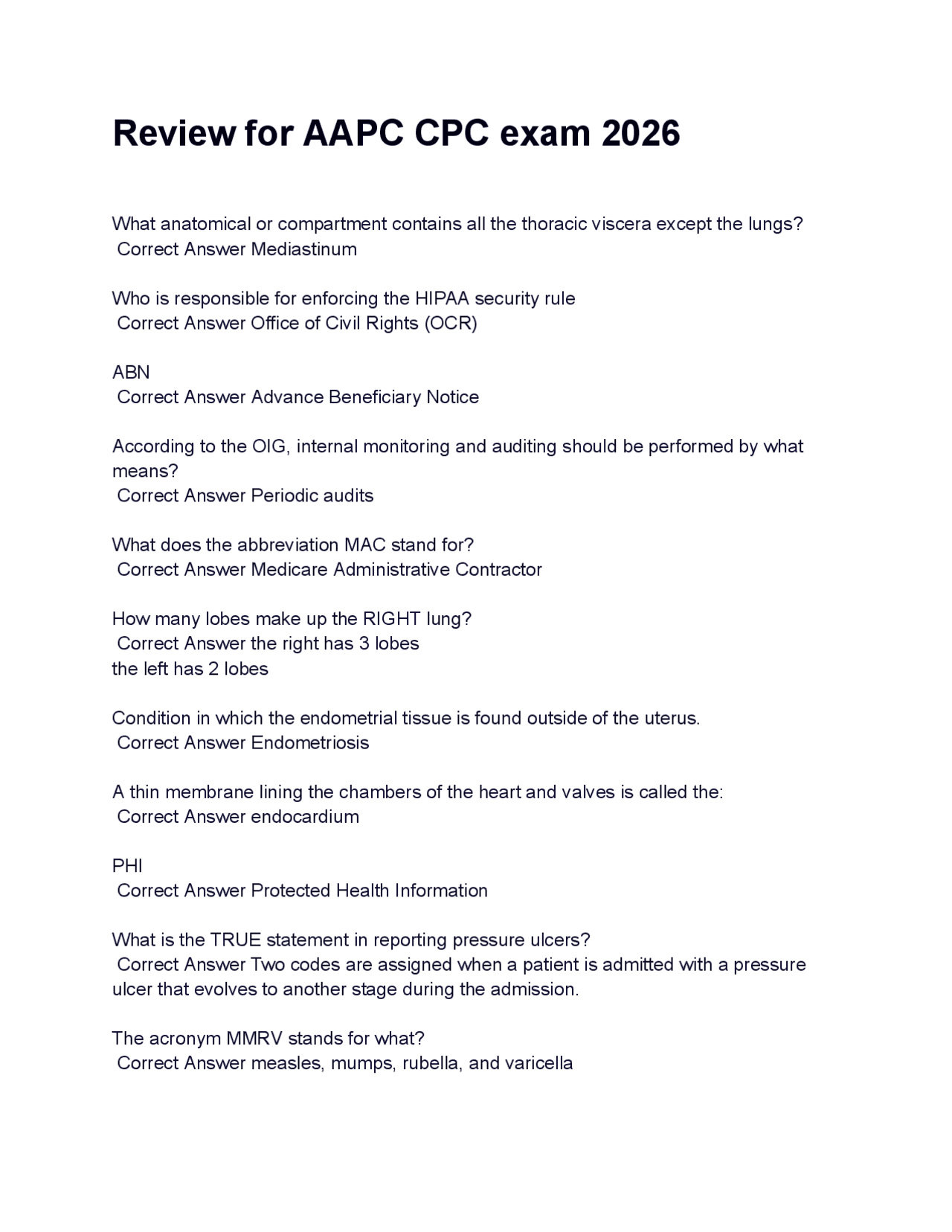 AAPC CPC Exam Review Questions 2026 | Exams Medicine | Docsity