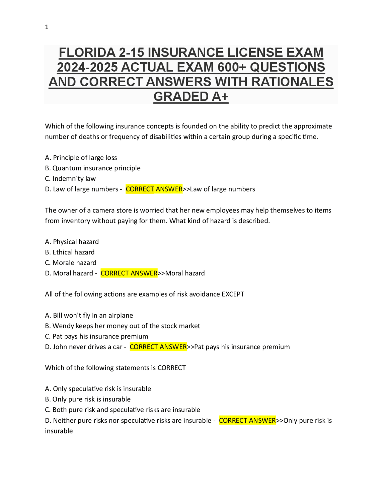 Florida Insurance License Exam 2-15: 600+ Questions and Answers | Exams