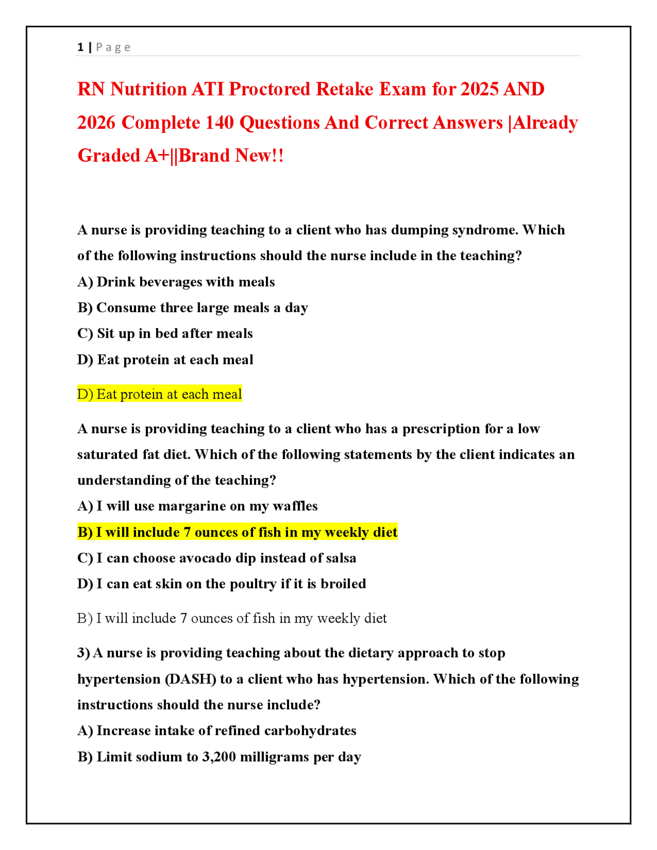 RN Nutrition Review Questions and Answers 2025-2026 | Exams Nursing ...