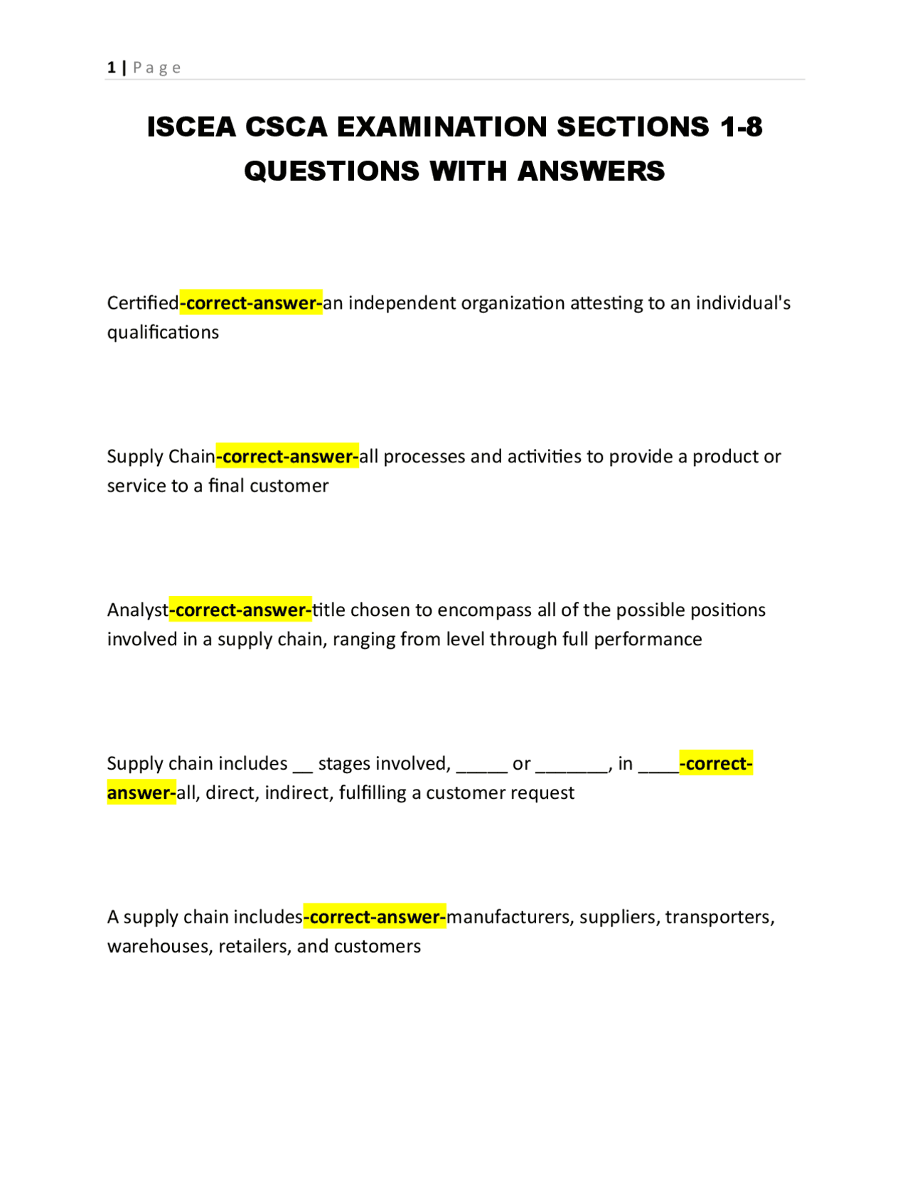 Csca Example Questions CSCA Exam Questions and Answers: Supply Chain Management | Exams ...