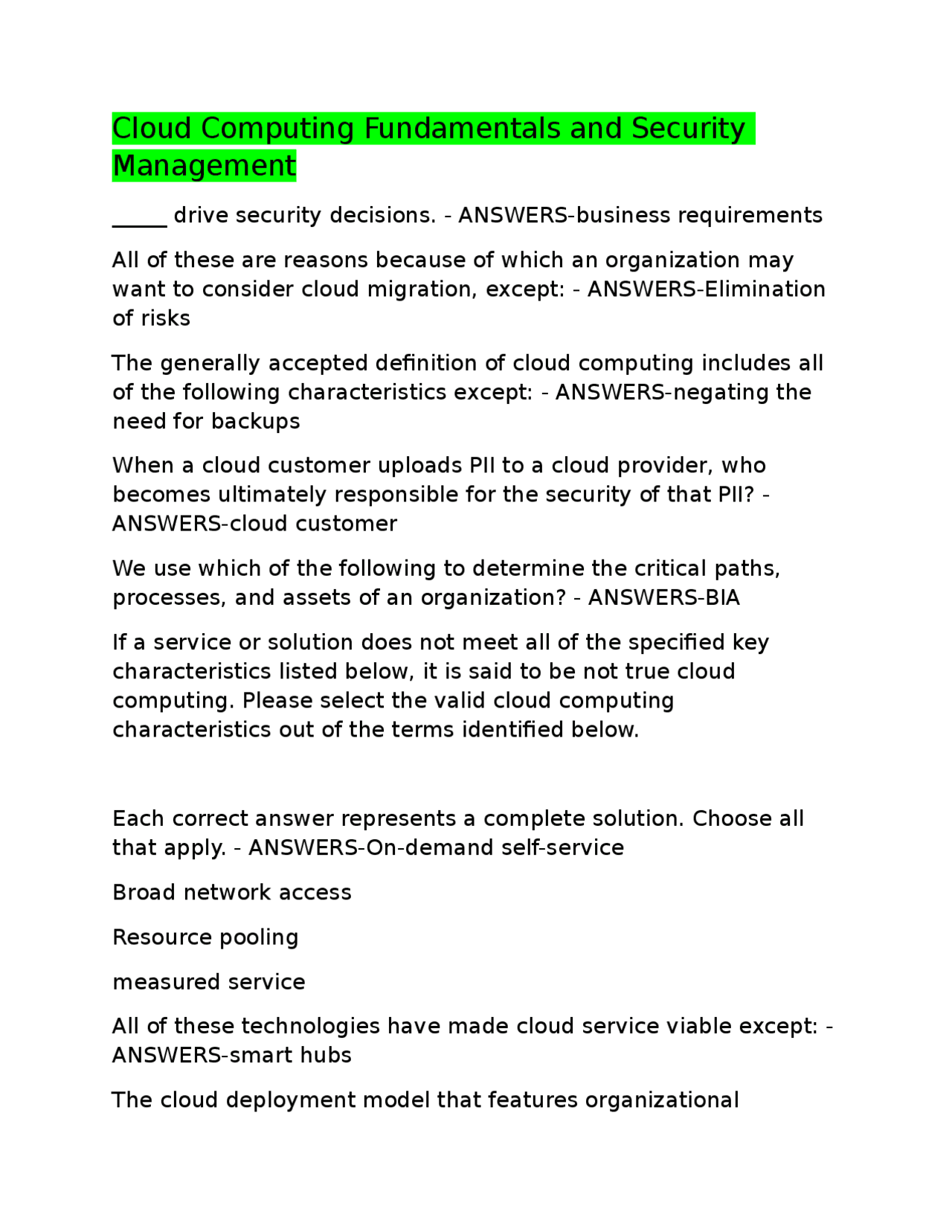 Cloud Computing Security and Fundamentals: Q&A for Exam Prep | Exams ...
