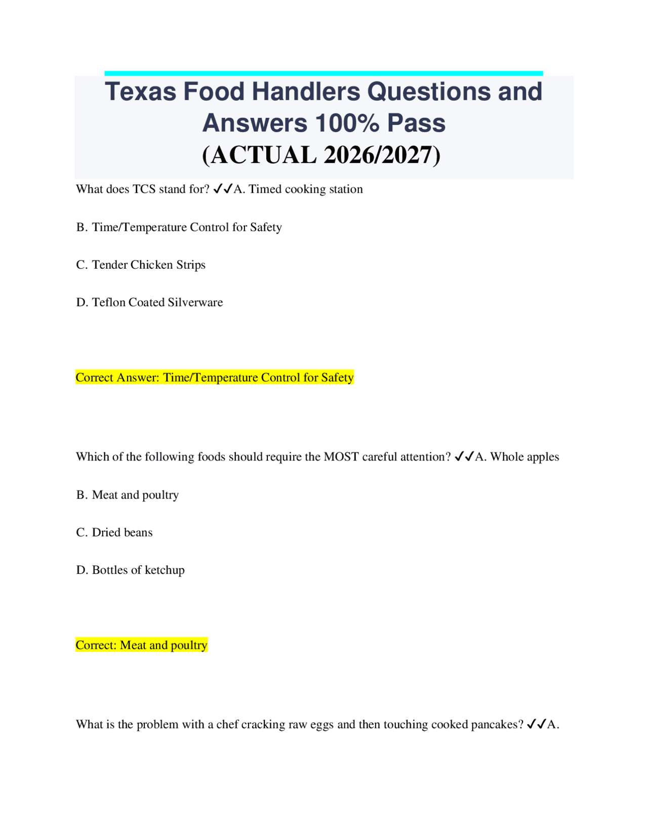 Texas Food Handlers Questions and Answers 100% Pass (ACTUAL 2026/2027 ...