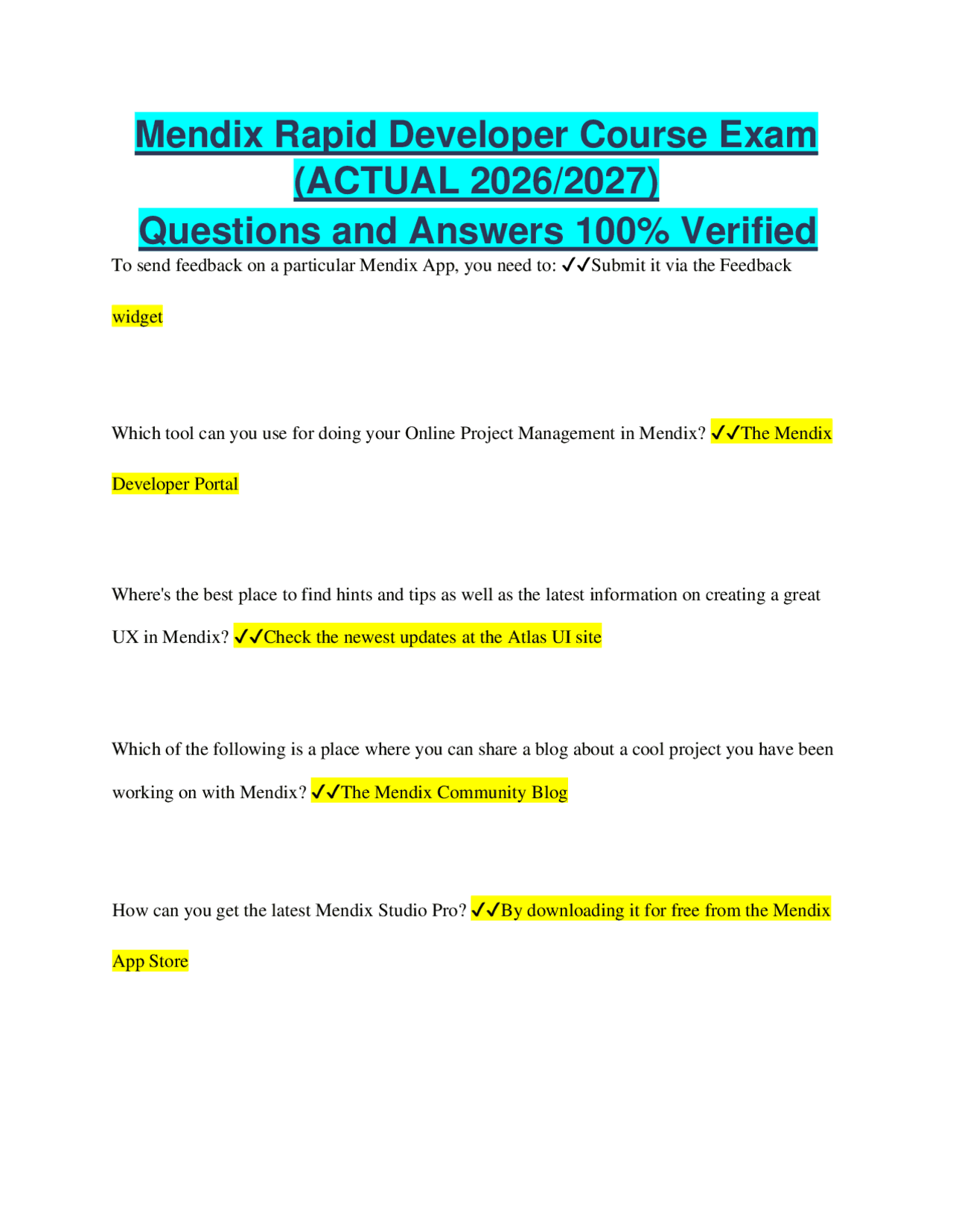 Mendix Rapid Developer Course Exam Questions and Answers (2026/2027 ...