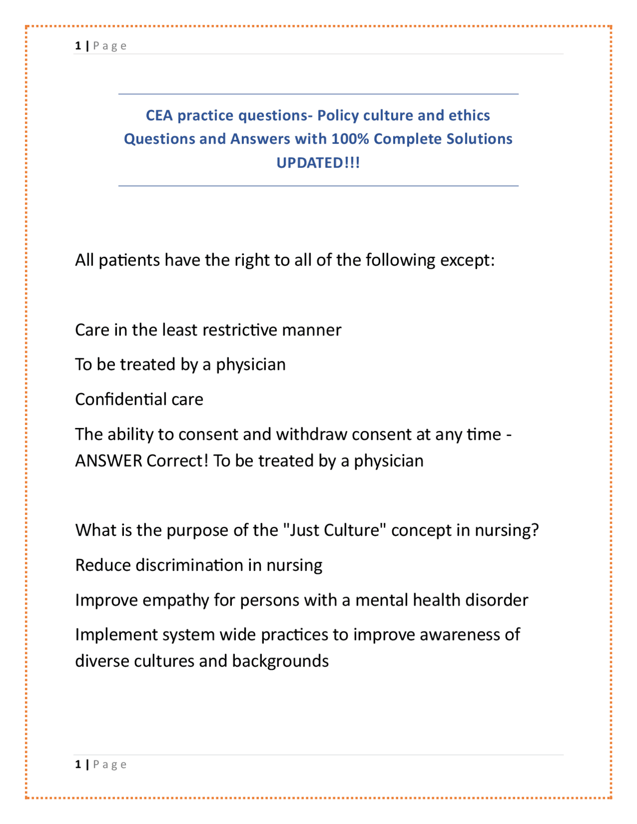 Policy, Culture, and Ethics Practice Questions with Answers | Exams Nursing | Docsity