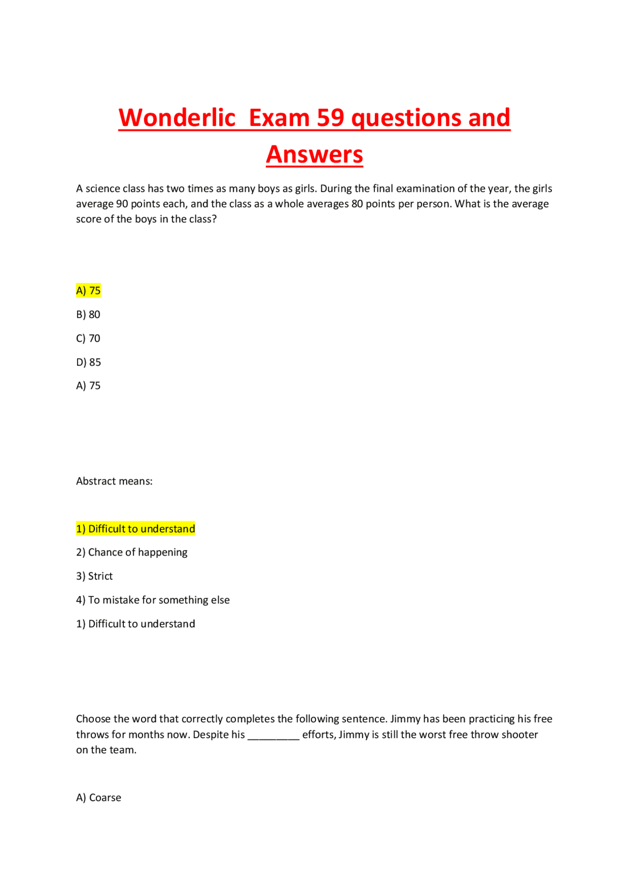 Wonderlic Exam Sample Questions and Answers | Exams Health sciences ...
