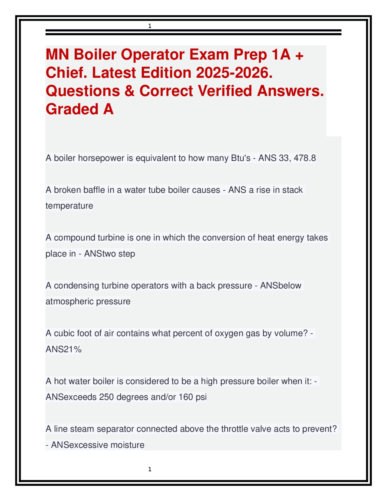 MN Boiler Operator Exam Prep 1A + Chief: Questions & Answers 2025-2026 ...