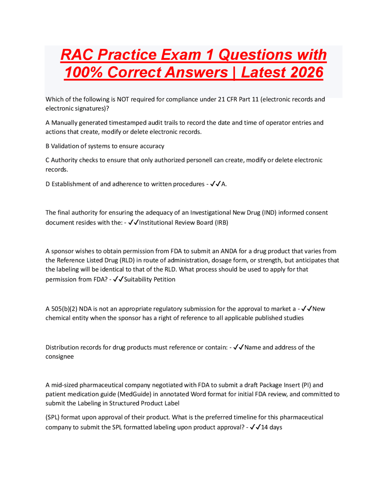 RAC Practice Exam 1: Regulatory Affairs Certification Questions and ...