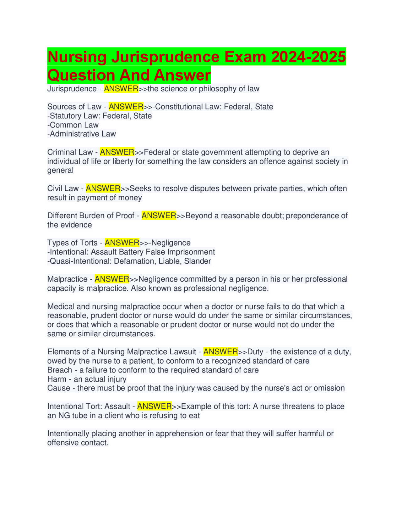 Nursing Jurisprudence Exam Questions and Answers 2024-2025 | Exams ...