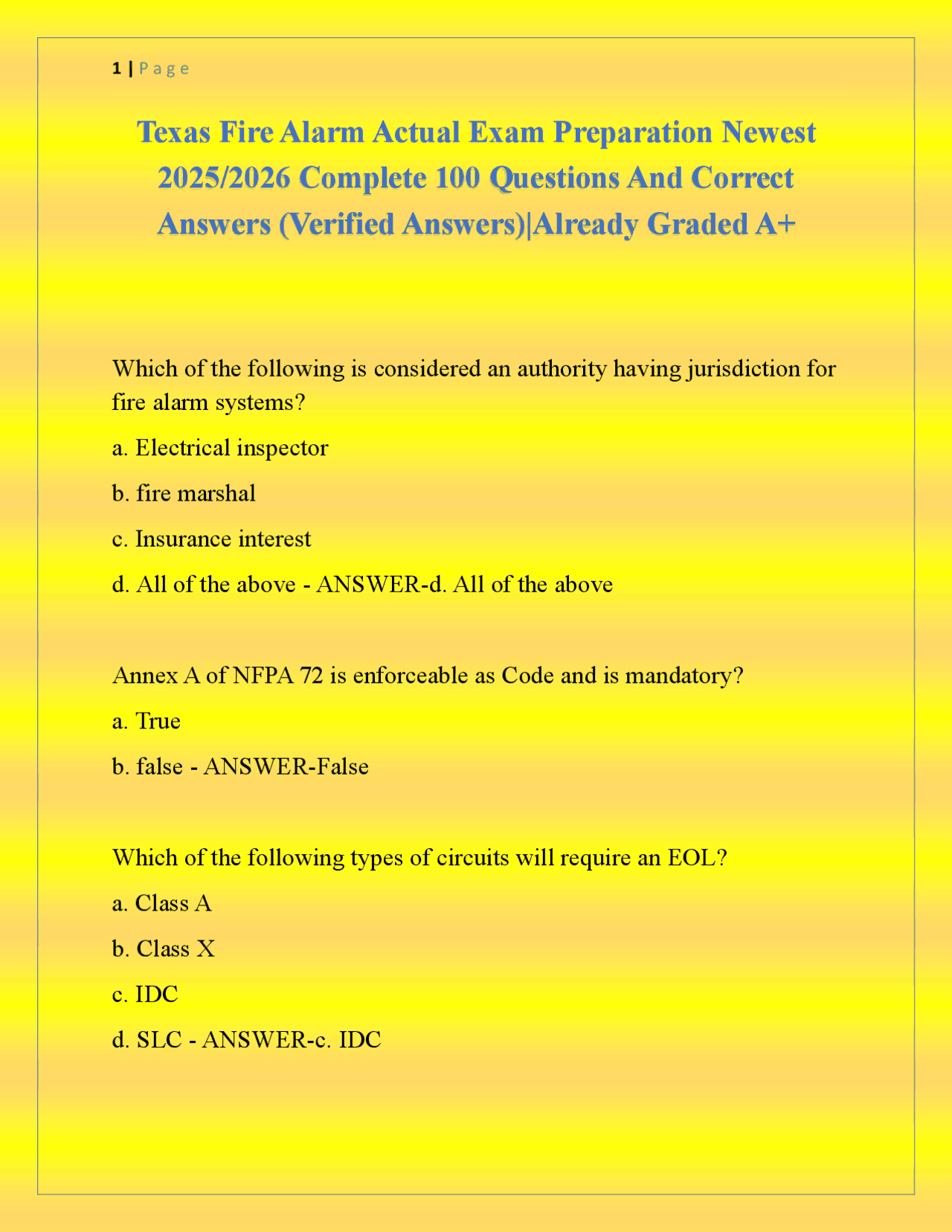 Fire Alarm Systems Exam Questions and Answers 2025/2026 | Exams Nursing ...