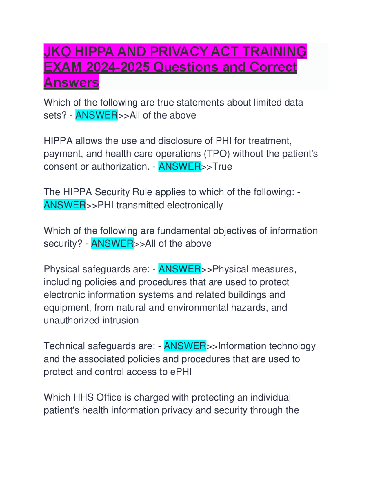 HIPAA and Privacy Act Training Exam Questions and Answers 2024-2025 | Exams Nursing | Docsity
