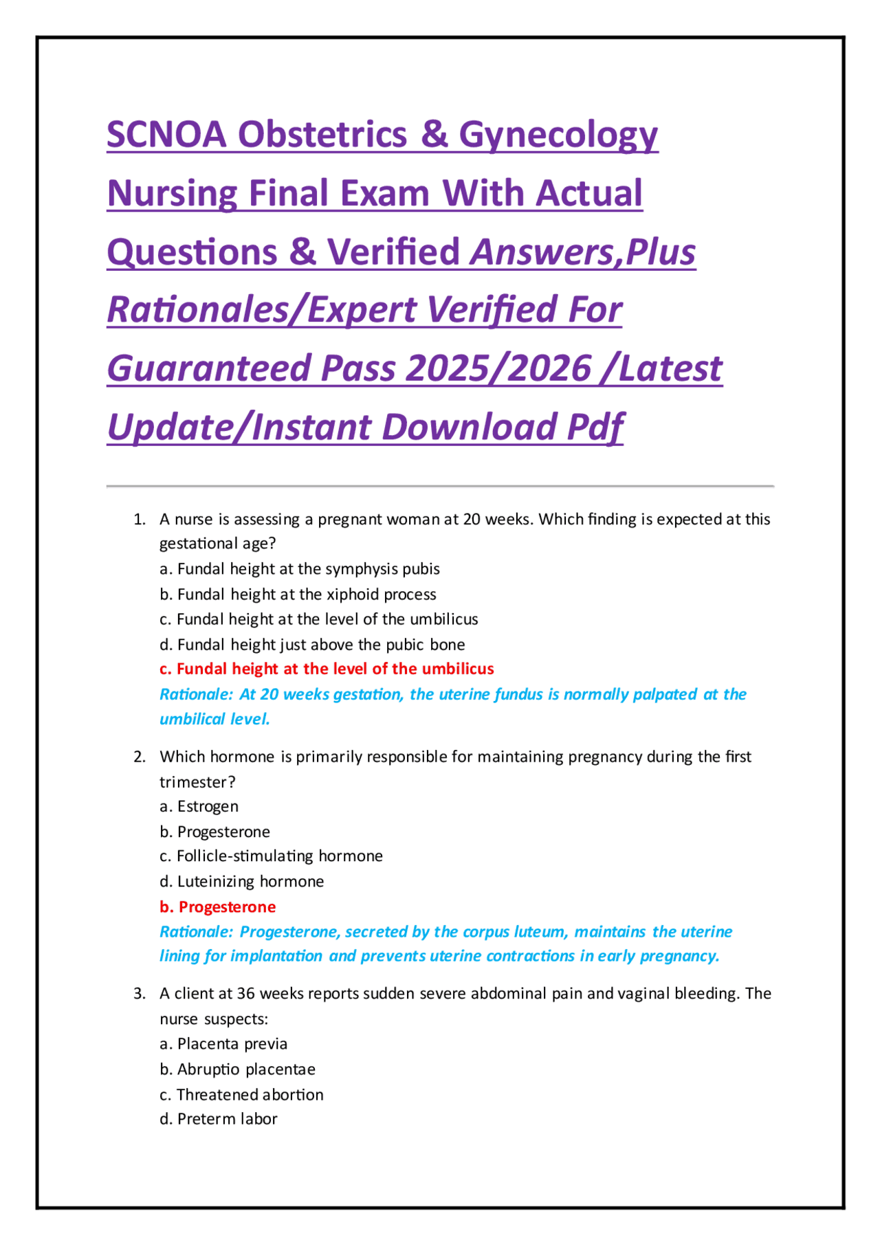 Obstetrics & Gynecology Nursing Final Exam Questions and Answers 2025/ ...