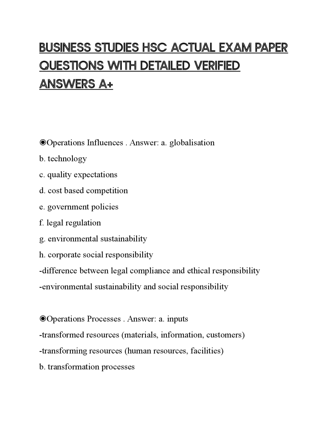 BUSINESS STUDIES HSC ACTUAL EXAM PAPER QUESTIONS WITH DETAILED VERIFIED ...