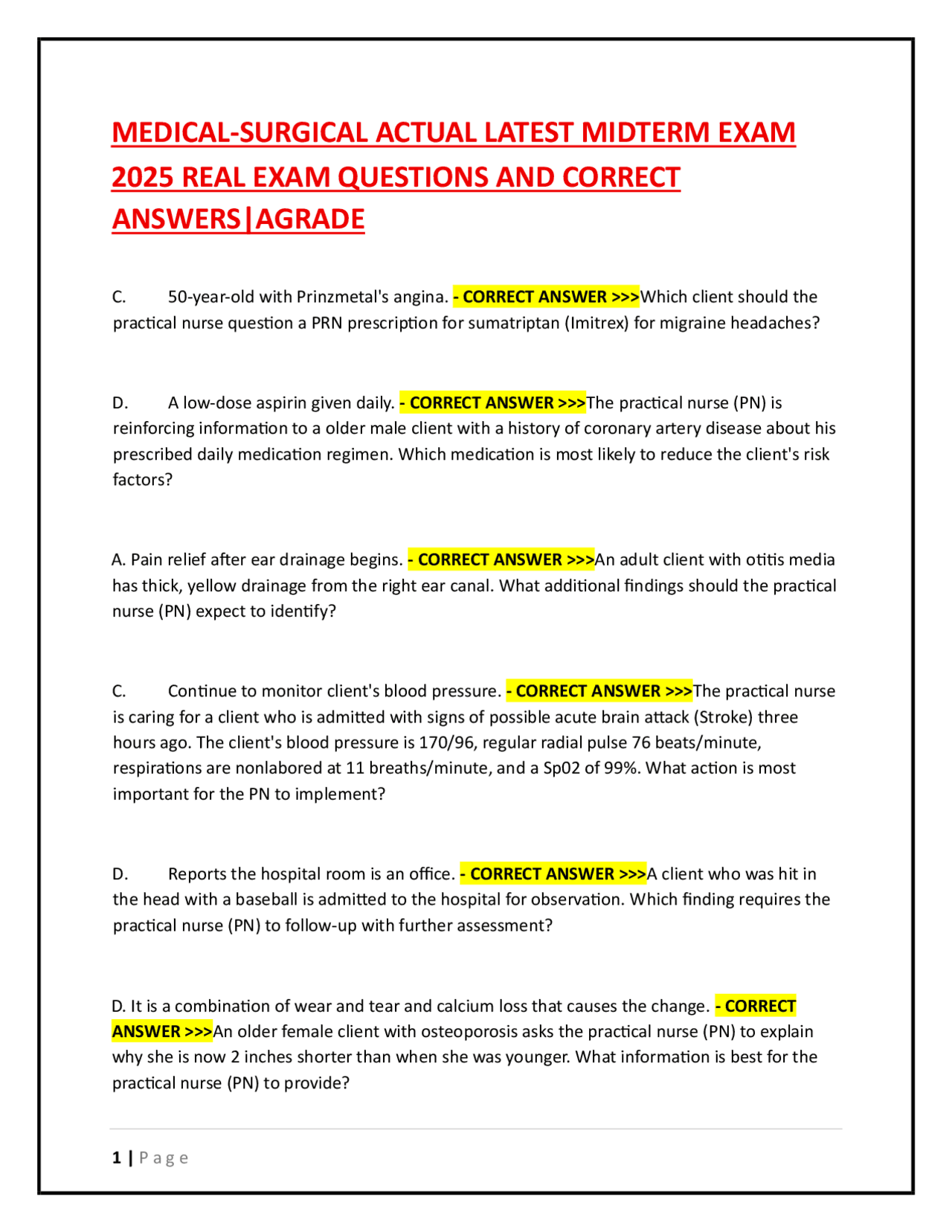 MEDICAL-SURGICAL ACTUAL LATEST MIDTERM EXAM 2025 REAL EXAM QUESTIONS ...