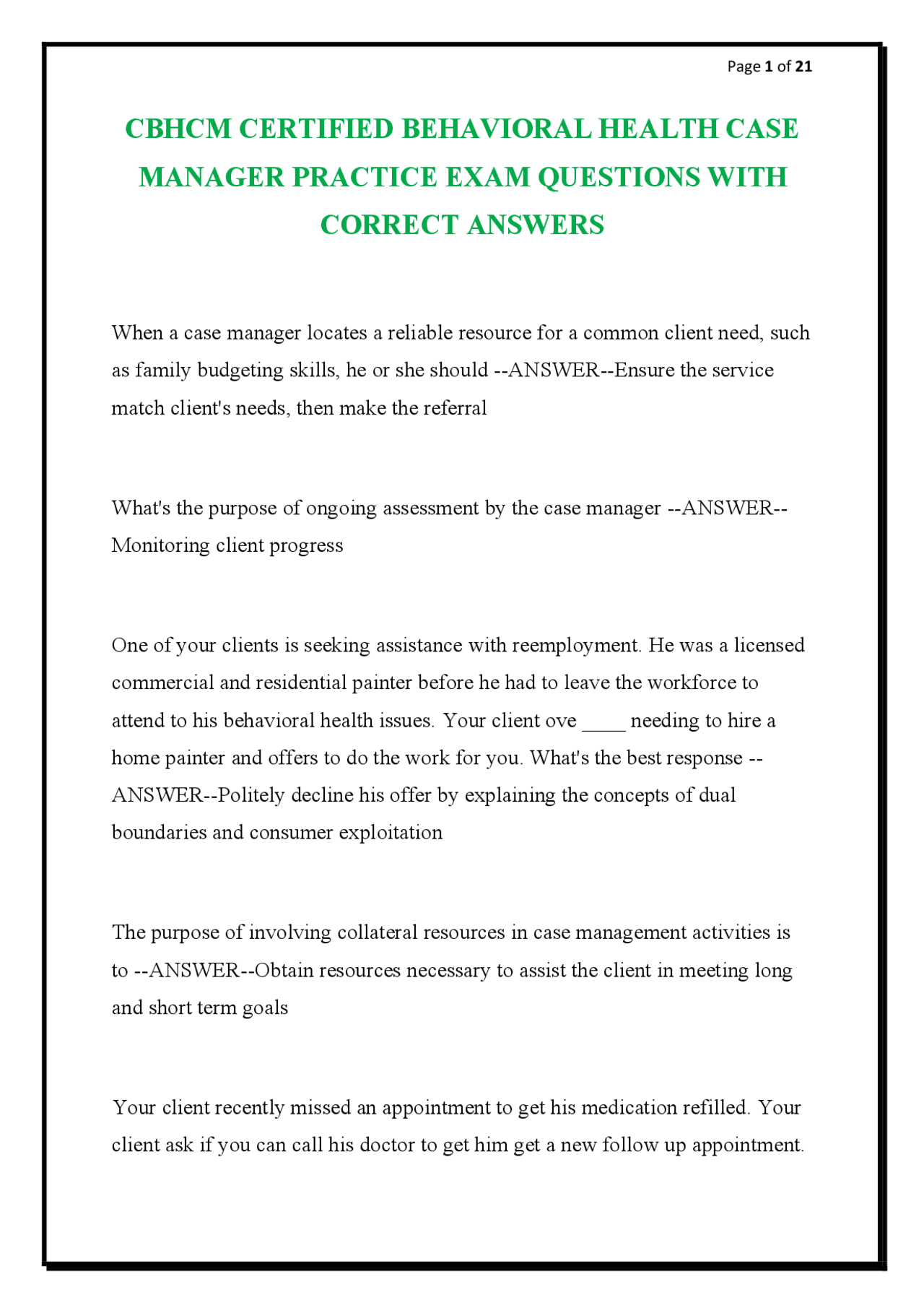 CBHCM Certified Behavioral Health Case Manager Practice Exam Questions ...