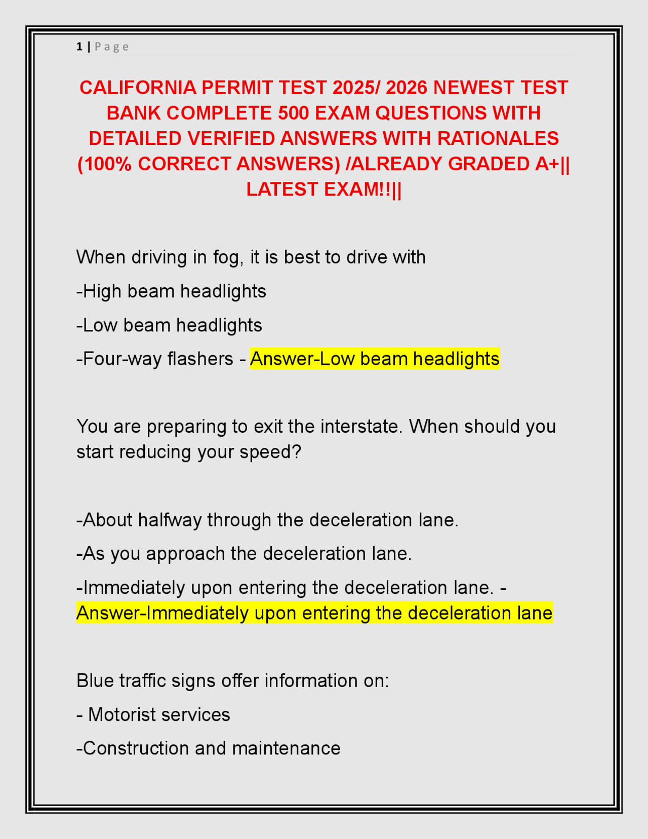 California Permit Test: 500 Exam Questions with Verified Answers 2025/ ...