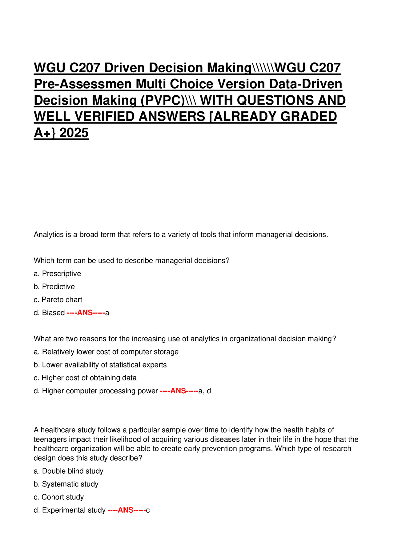 Data-Driven Decision Making: Practice Questions and Answers | Exams ...