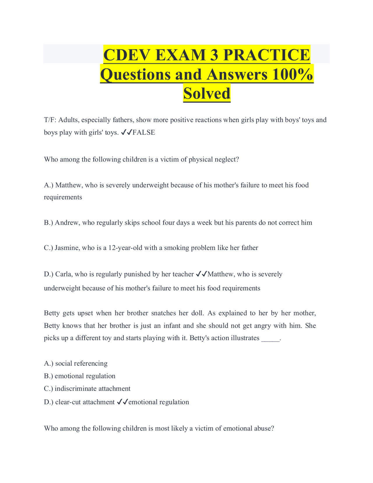CDEV EXAM 3 PRACTICE Questions and Answers 100% Solved | Exams Nursing ...