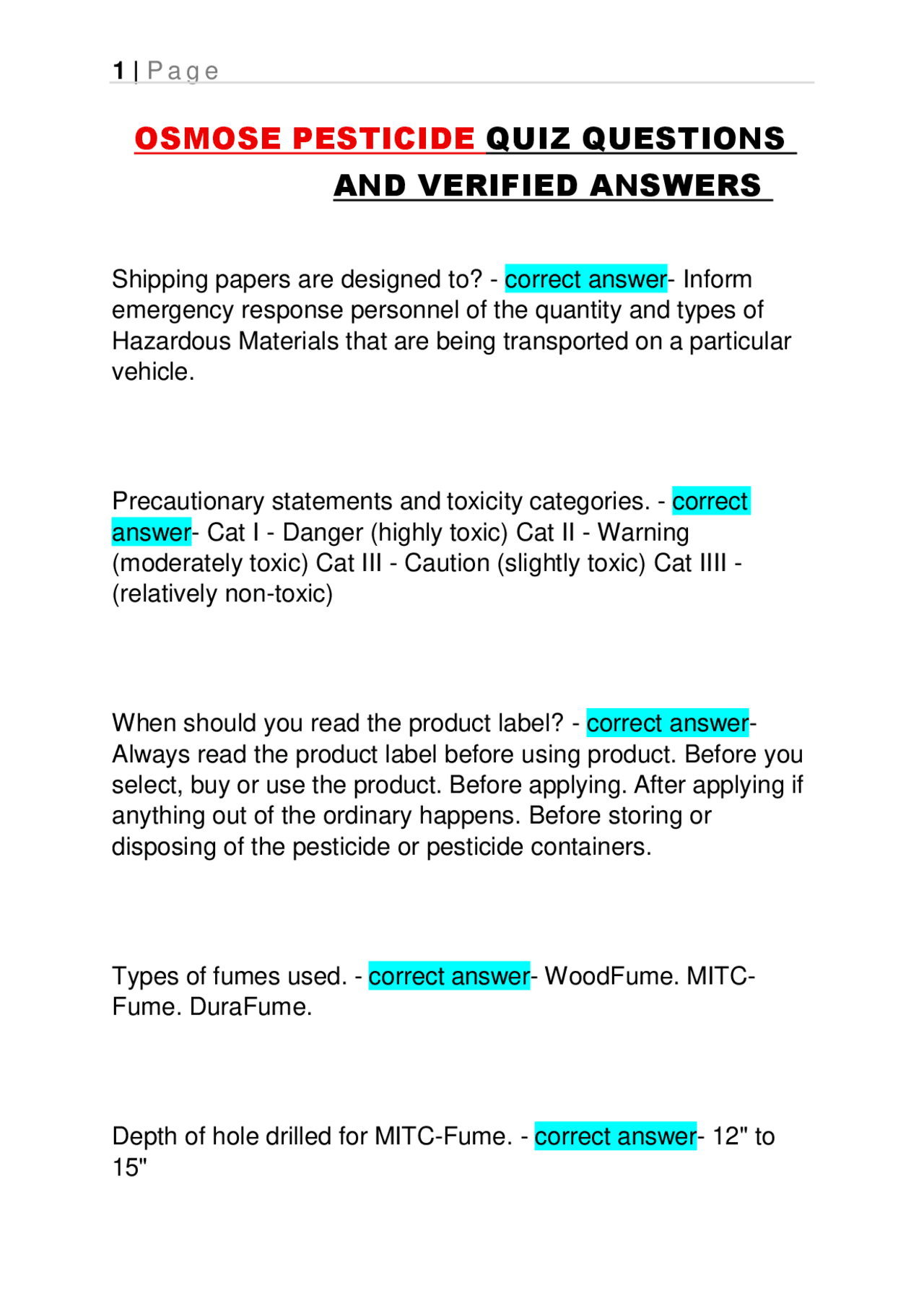 OSMOSE PESTICIDE QUIZ QUESTIONS AND VERIFIED ANSWERS 2025/2026