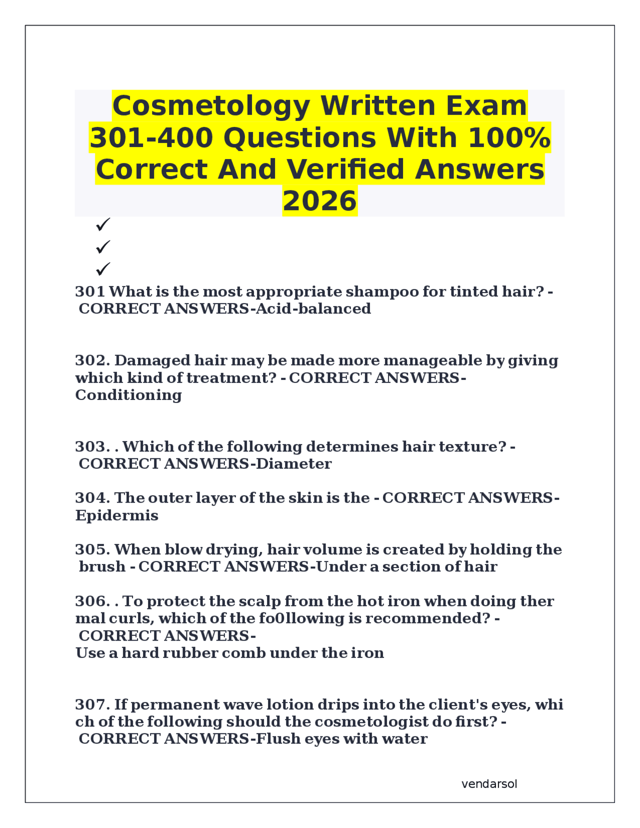 Cosmetology Exam Questions and Answers | Exams Advanced Education | Docsity