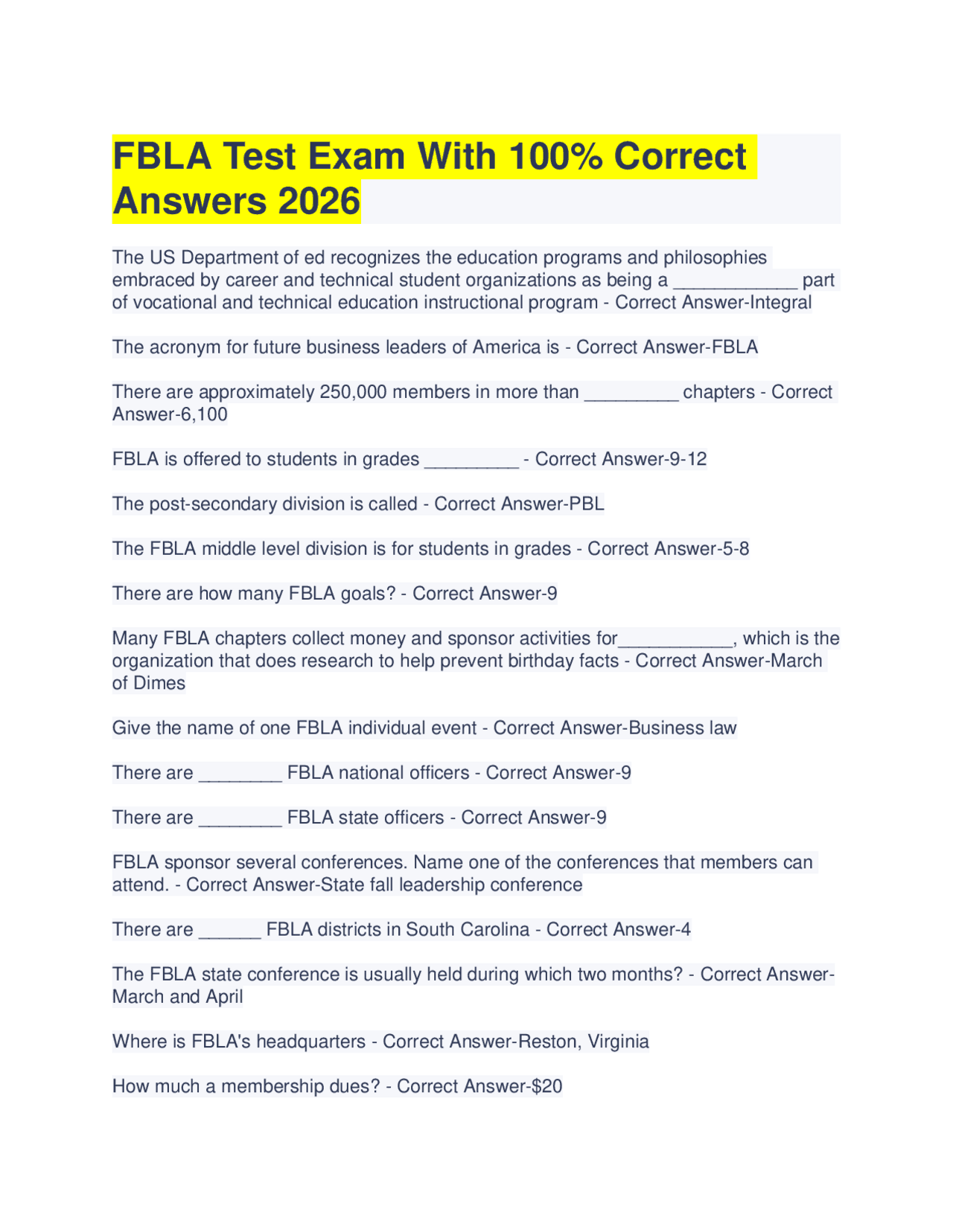 FBLA Test Exam with Answers 2026 | Exams Advanced Education | Docsity