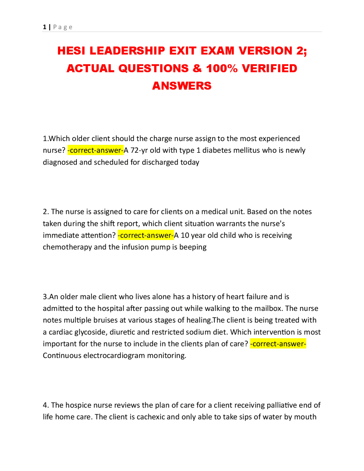 HESI LEADERSHIP EXIT EXAM VERSION 2; ACTUAL QUESTIONS & 100% VERIFIED ...