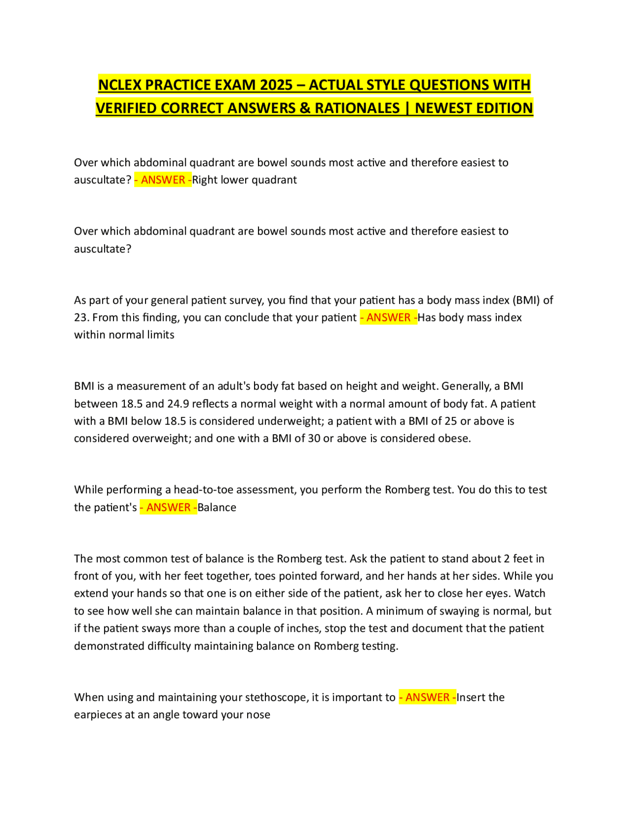 NCLEX PRACTICE EXAM 2025 – ACTUAL STYLE QUESTIONS WITH VERIFIED CORRECT ...