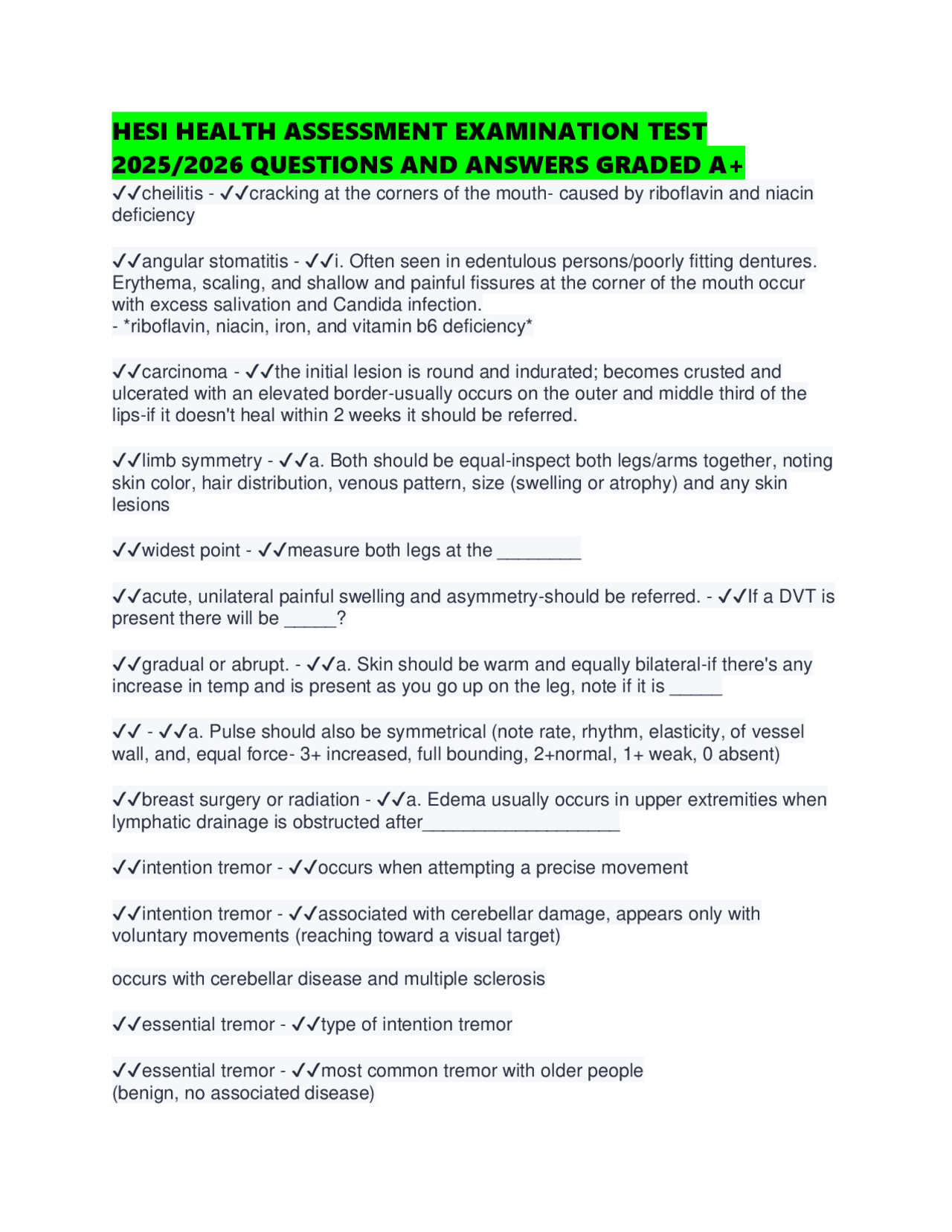 HESI HEALTH ASSESSMENT EXAMINATION TEST 2025/2026 QUESTIONS AND ANSWERS ...