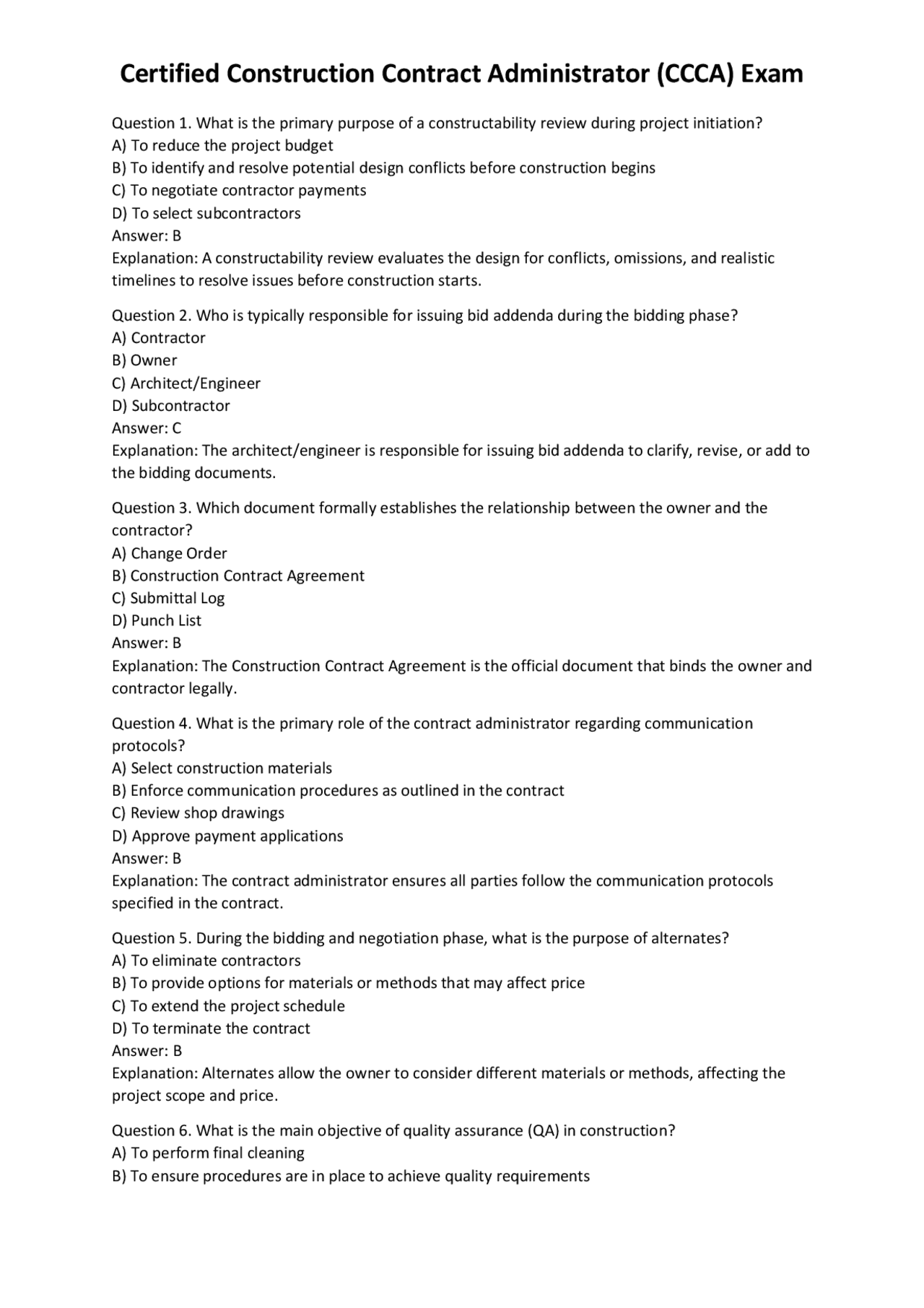 CCCA Exam Questions and Answers: Construction Contract Administration ...