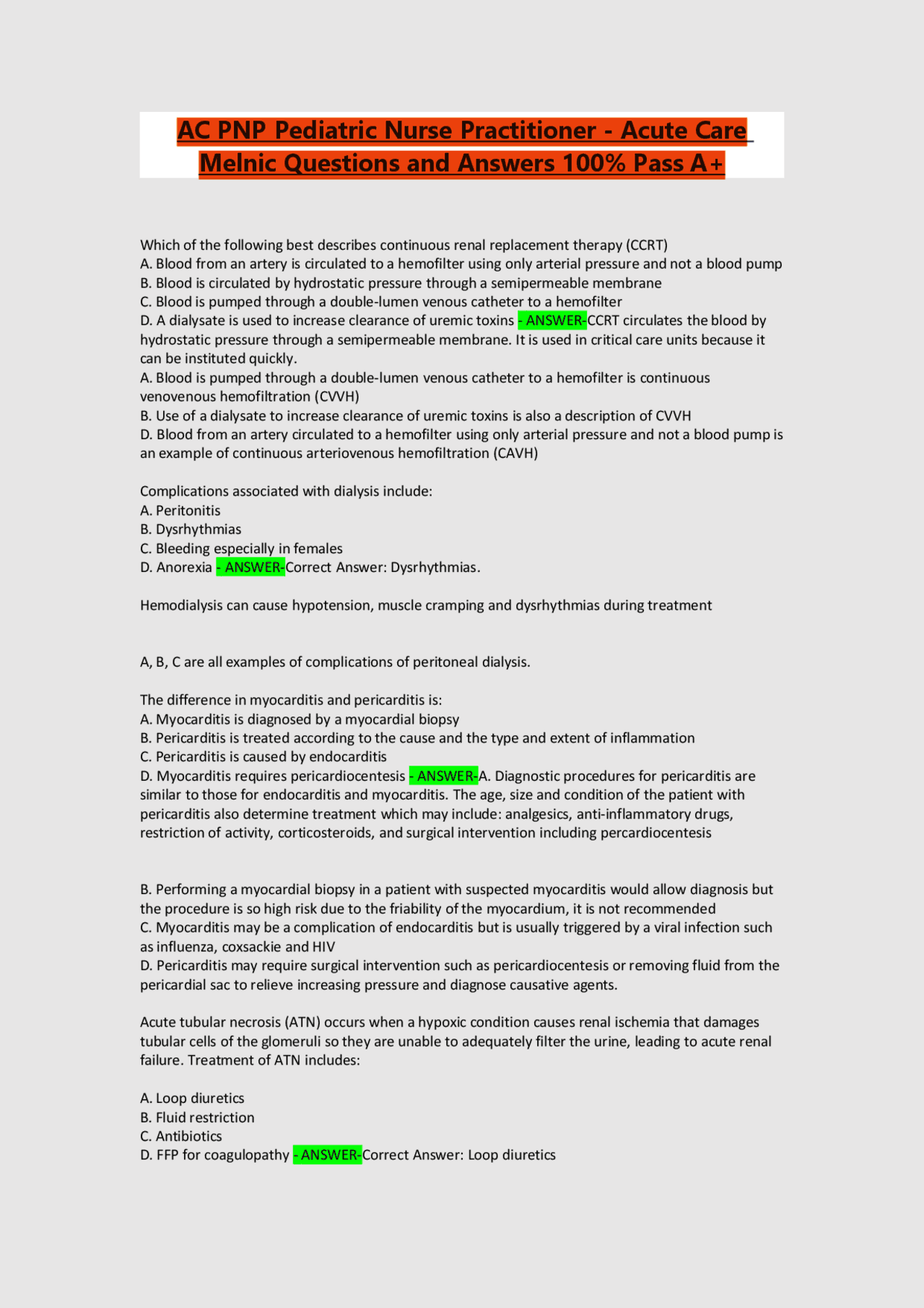 AC PNP Pediatric Nurse Practitioner Exam Q&A | Exams Nursing | Docsity