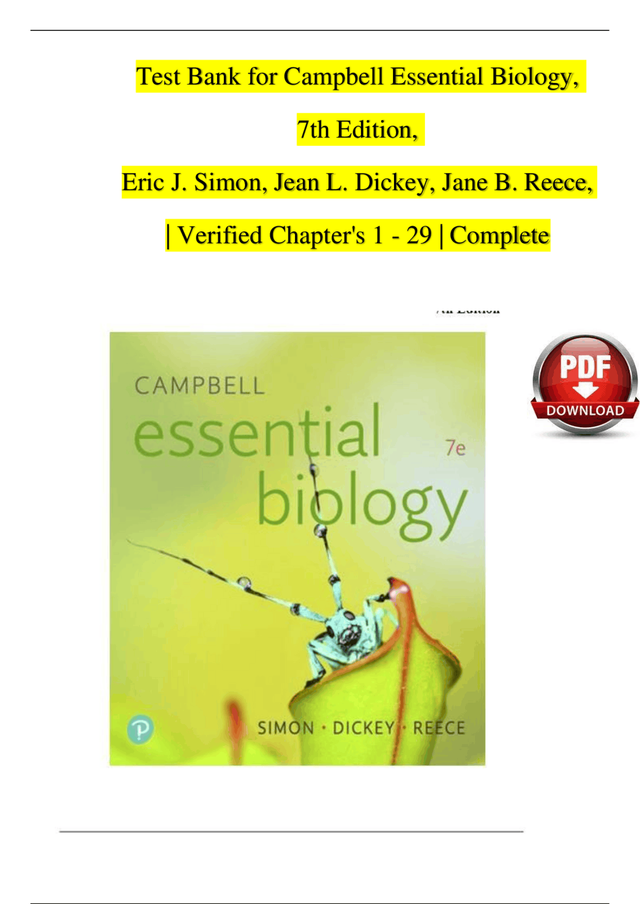 Test Bank for Campbell Essential Biology, 7th Edition, Eric J
