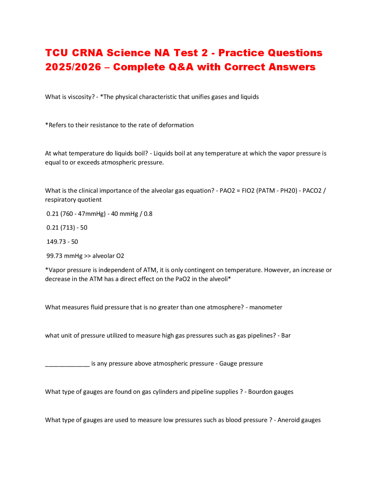 Crna Math Problems TCU CRNA Science NA Test 2 - Practice Questions 2025/2026 – Complete Q ...