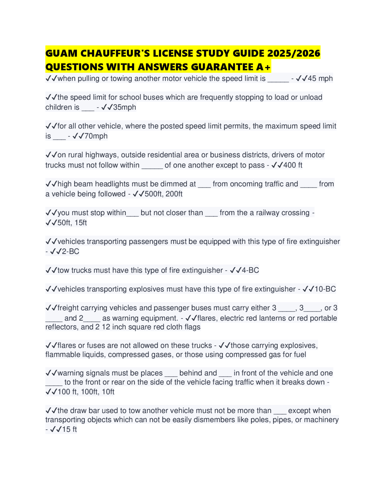 GUAM CHAUFFEUR'S LICENSE STUDY GUIDE 2025/2026 QUESTIONS WITH ANSWERS GUARANTEE A+ | Exams ...