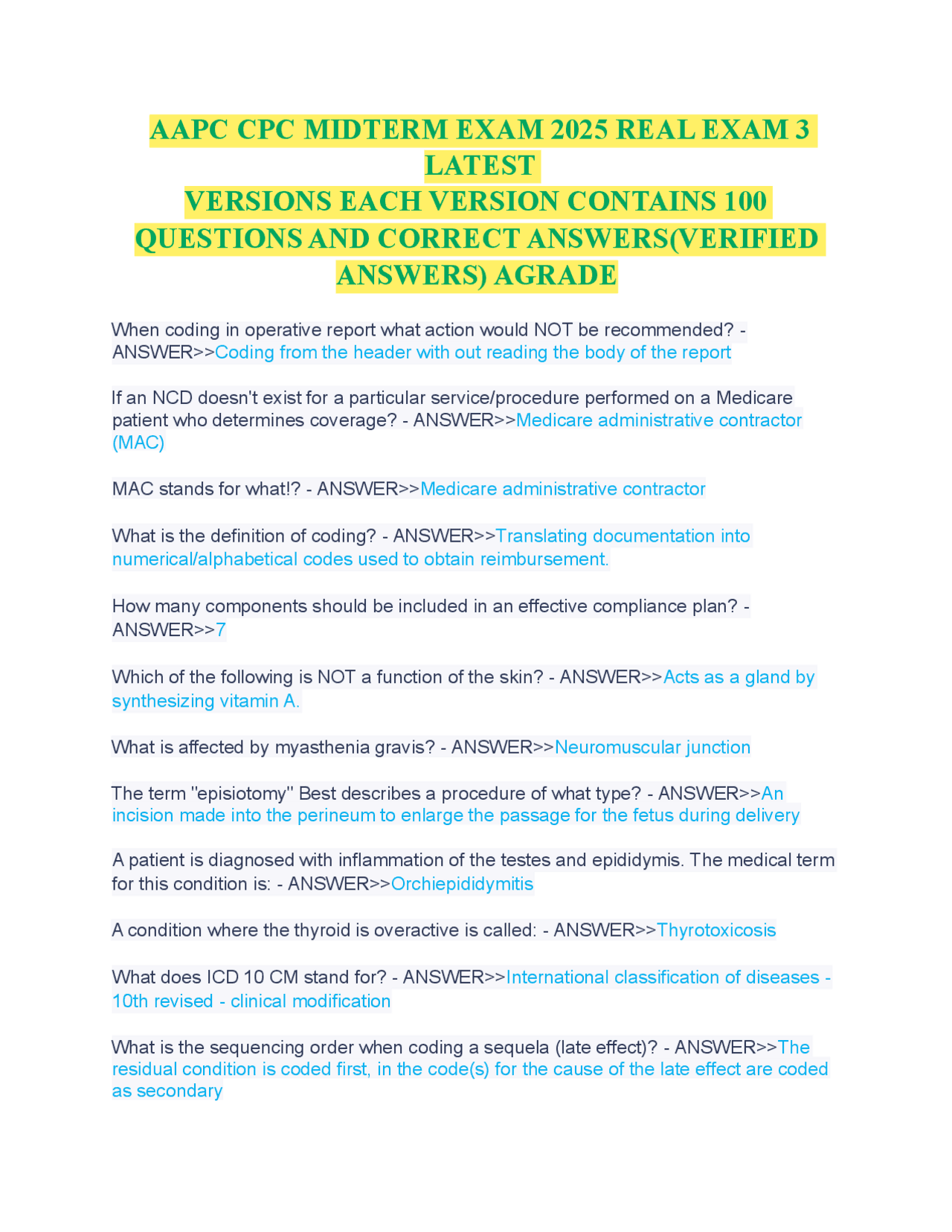 AAPC CPC MIDTERM EXAM 2025 REAL EXAM 3 LATEST VERSIONS EACH VERSION ...