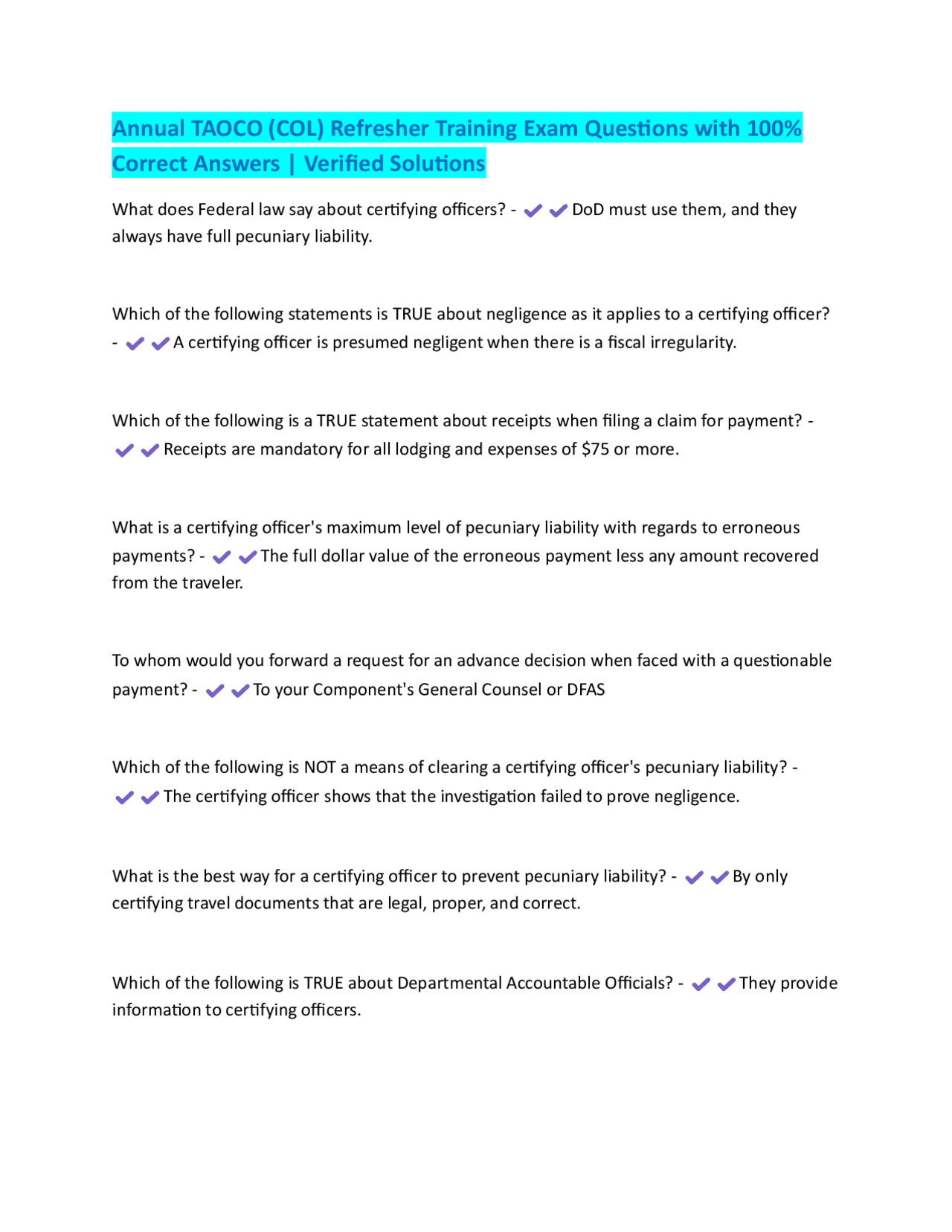 coles tobacco refresher training answers Annual TAOCO (COL) Refresher Training Exam Questions with 100% Correct  Answers | Verified | Exams Law