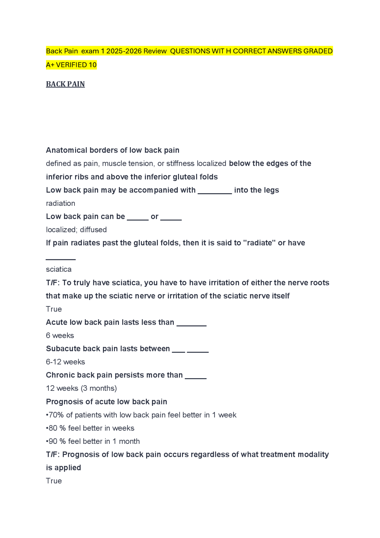 Back Pain Exam Review: Questions and Answers | Exams Medicine | Docsity