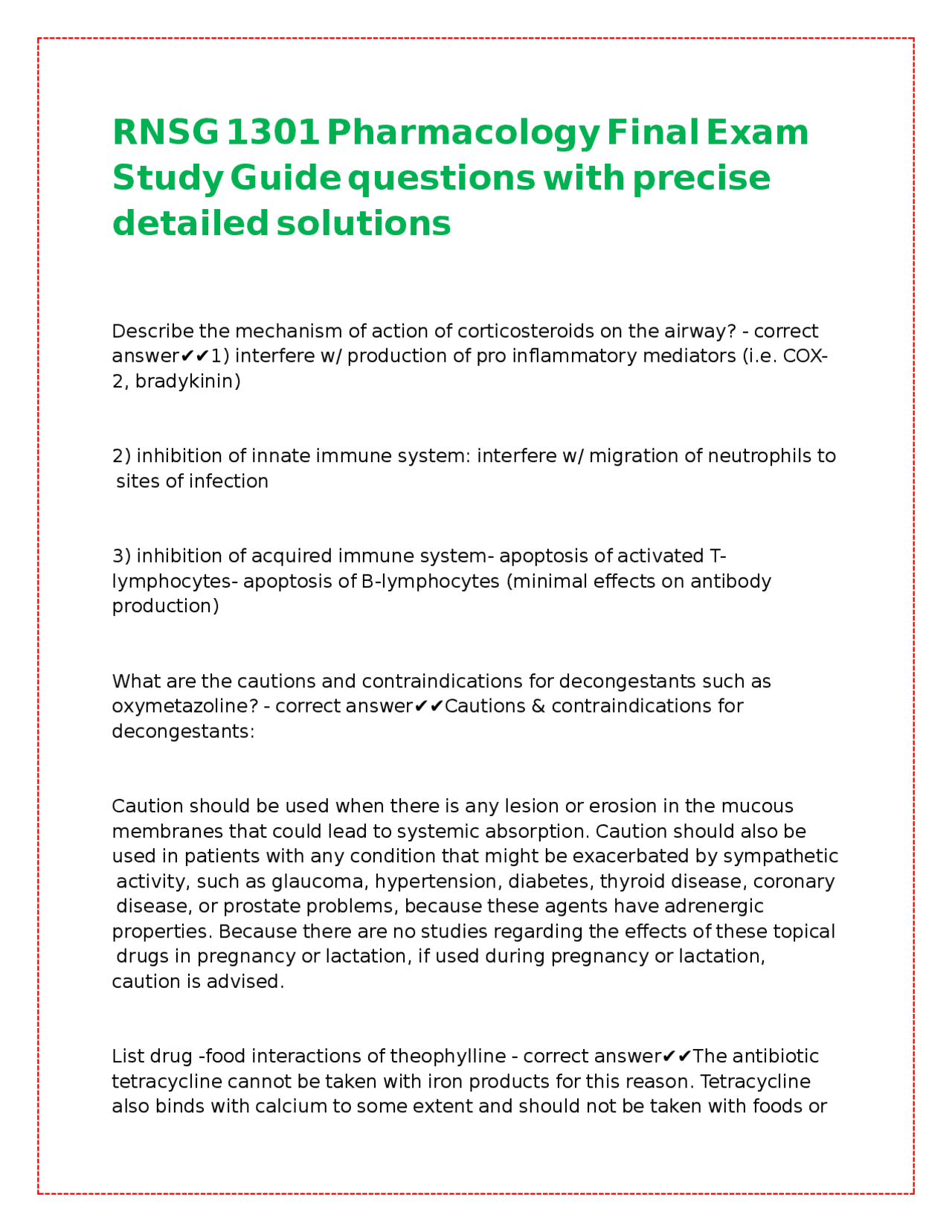 Pharmacology Final Exam Study Guide with Detailed Solutions | Exams ...
