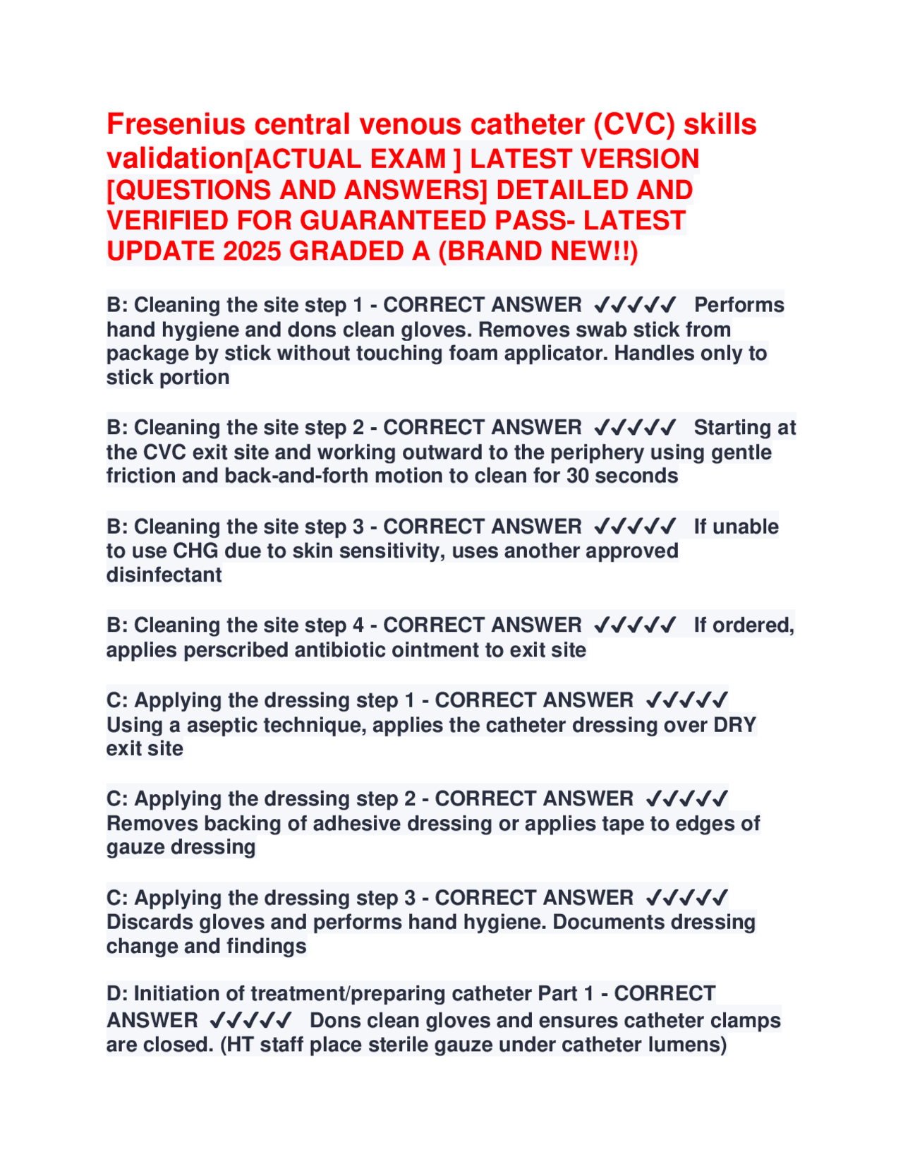 Fresenius CVC Skills Validation Exam: Questions and Answers for ...