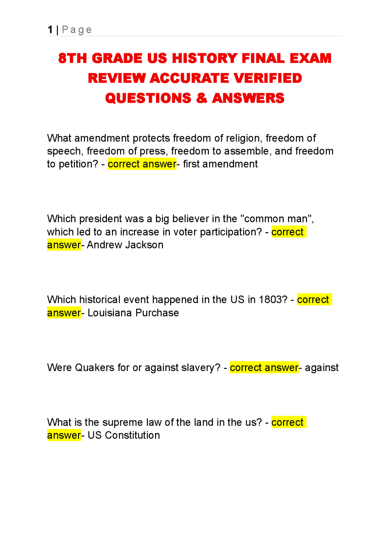 8th grade ushistory final exam review accurate