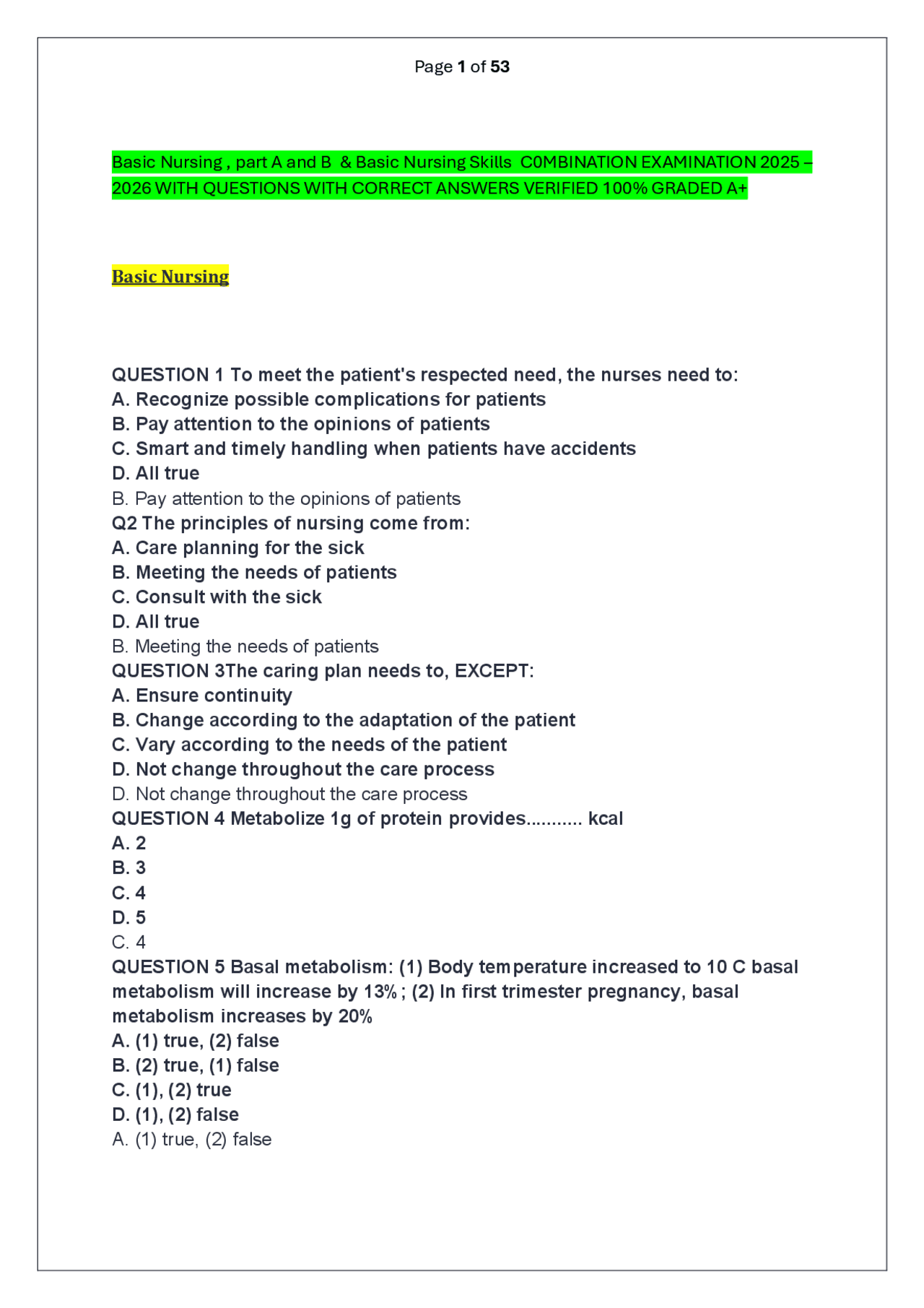 Basic Nursing Exam Questions and Answers: Comprehensive Review for ...