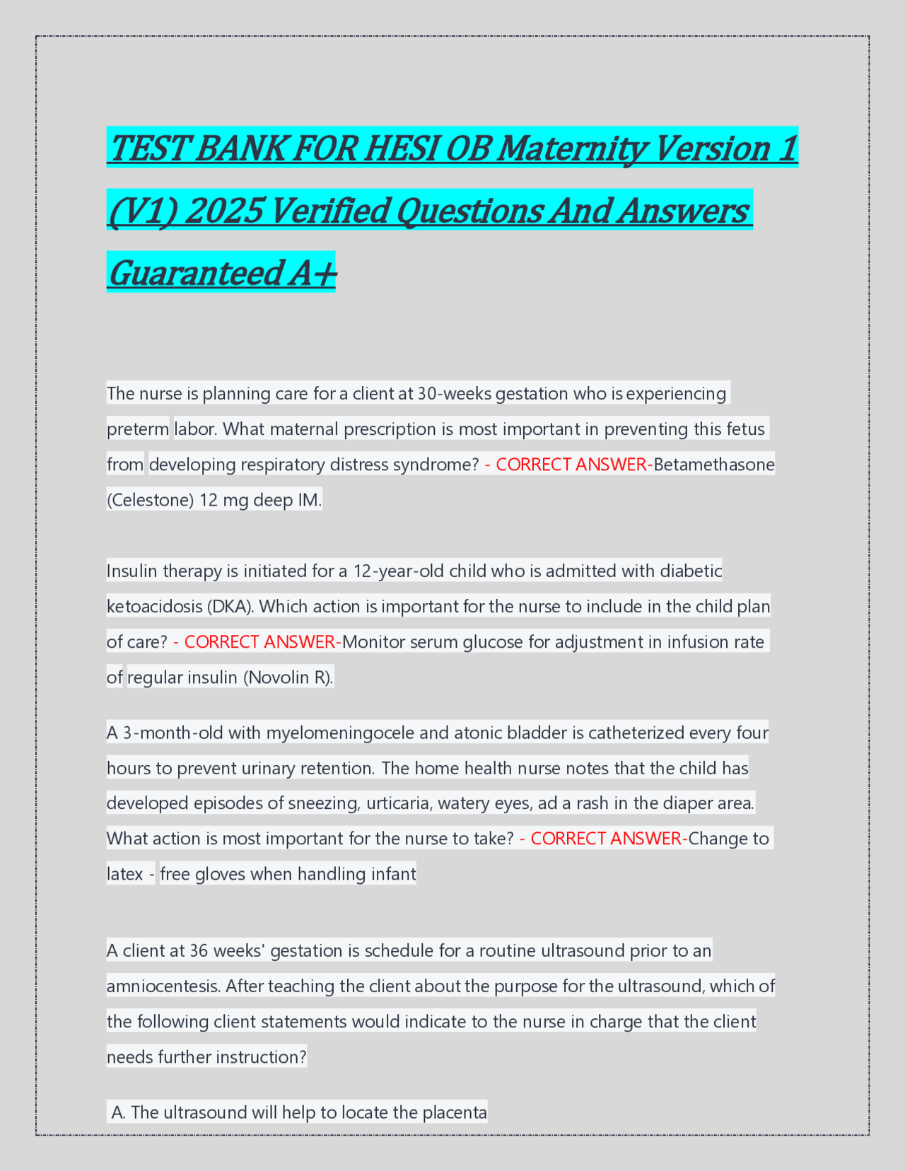 TEST BANK FOR HESI OB Maternity Version 1 (V1) 2025 Verified Questions ...