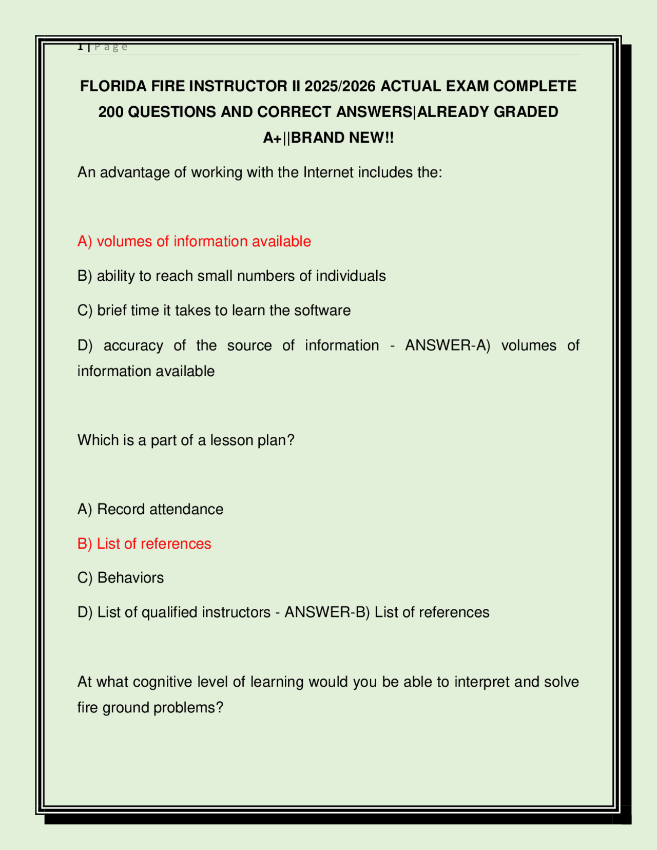Fire Instructor Ii Practical Examples Florida Fire Instructor II Exam 2025/2026 – Complete 200 Questions and ...