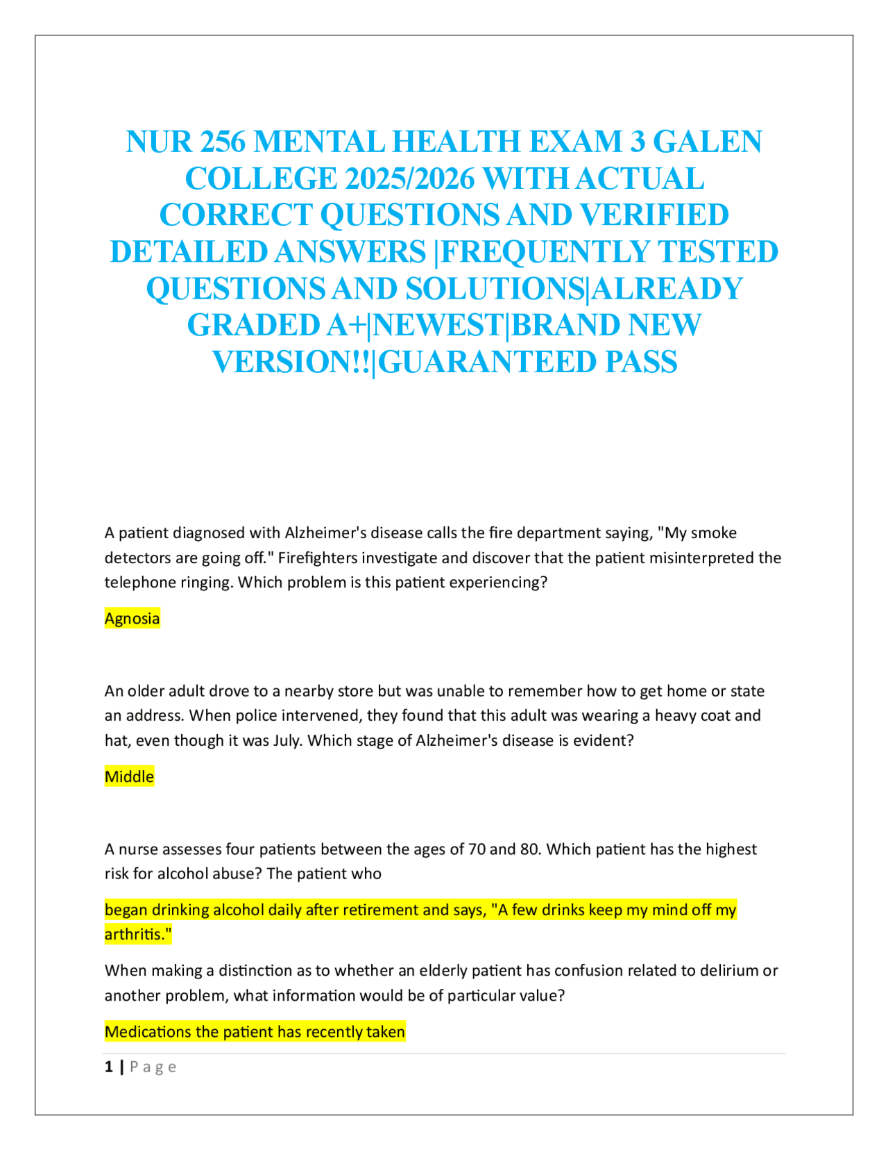 NUR 256 MENTAL HEALTH EXAM 3 GALEN COLLEGE 2025/2026 | Exams Nursing ...