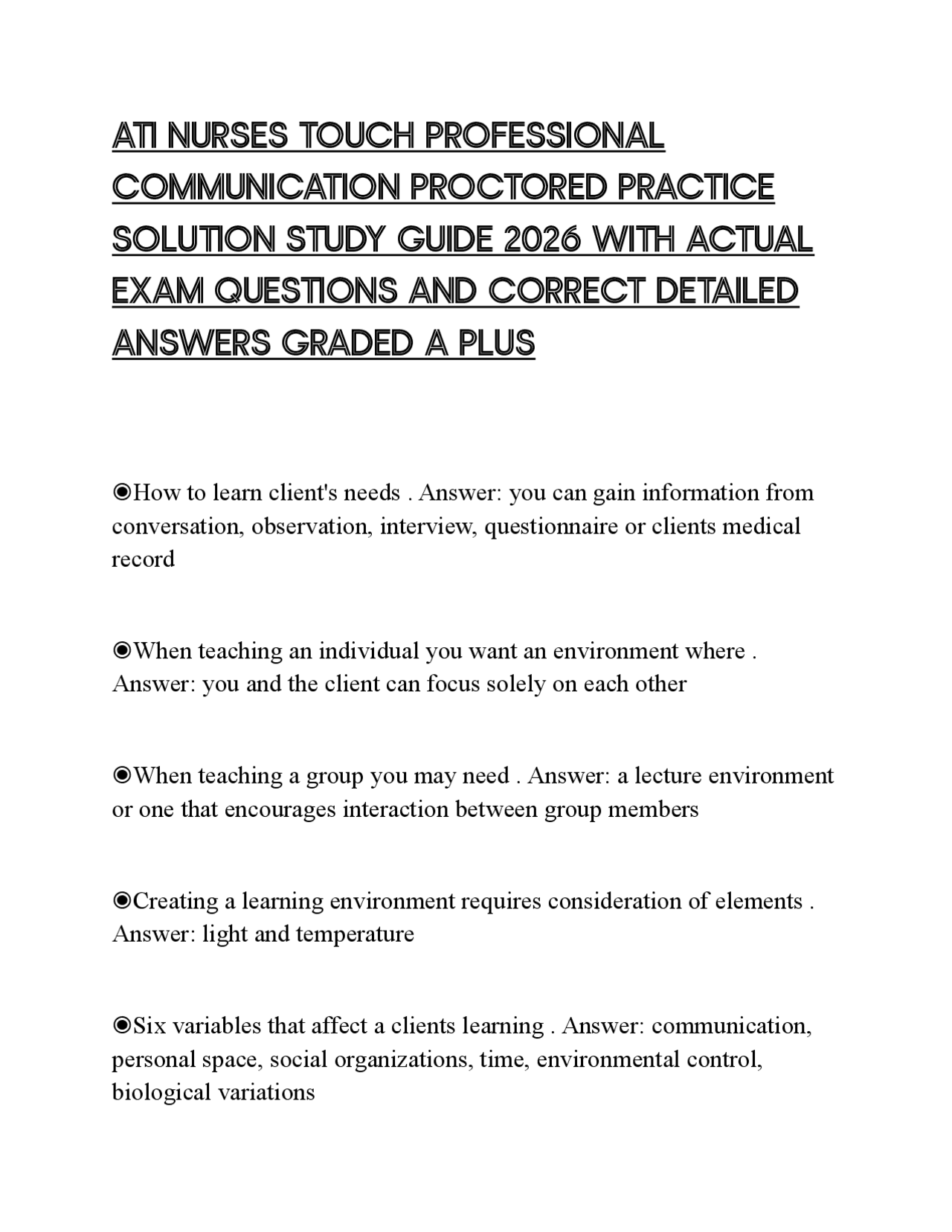 ATI NURSES TOUCH PROFESSIONAL COMMUNICATION PROCTORED PRACTICE SOLUTION ...